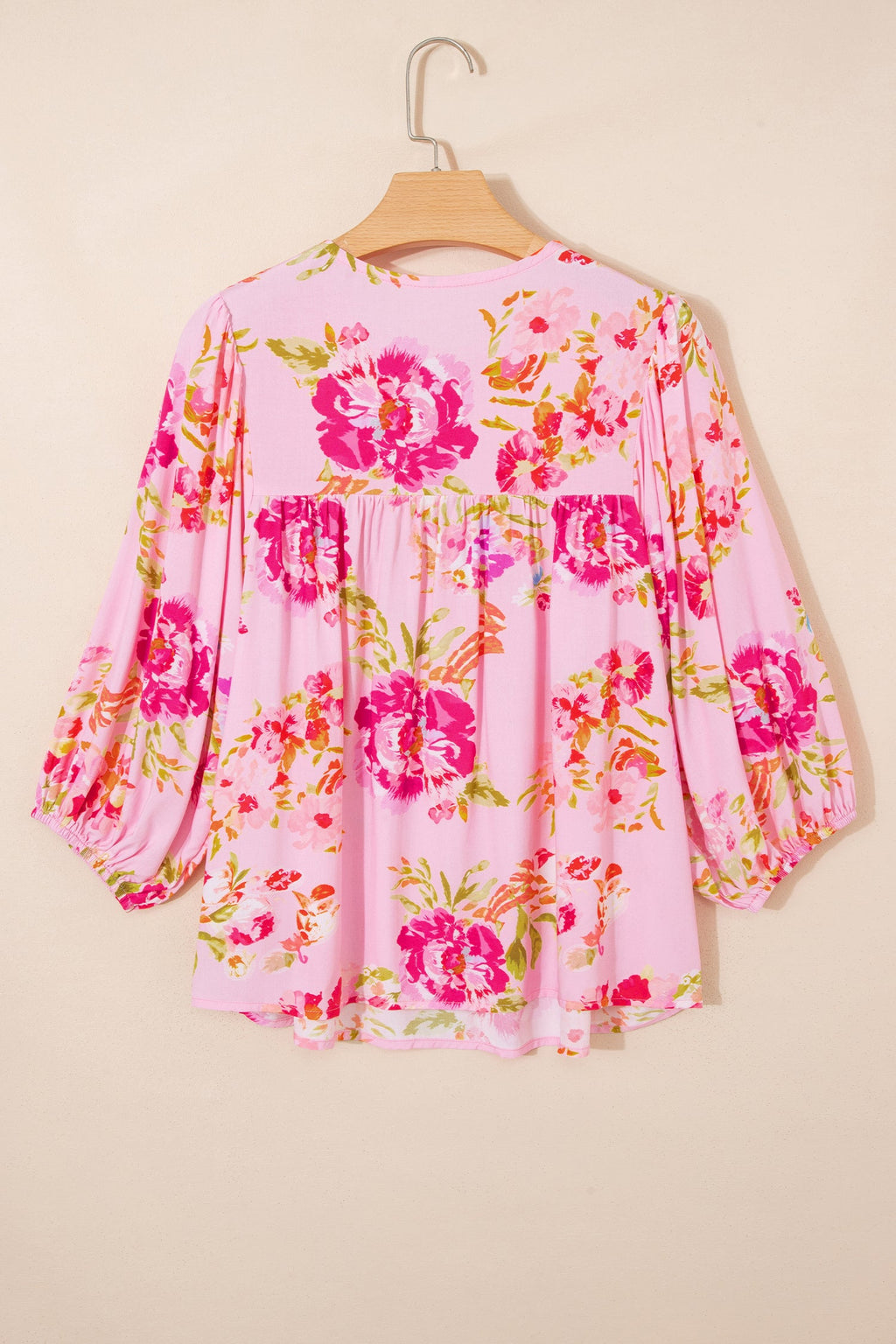 Floral Tie Neck 3/4 Puff Sleeve Blouse
