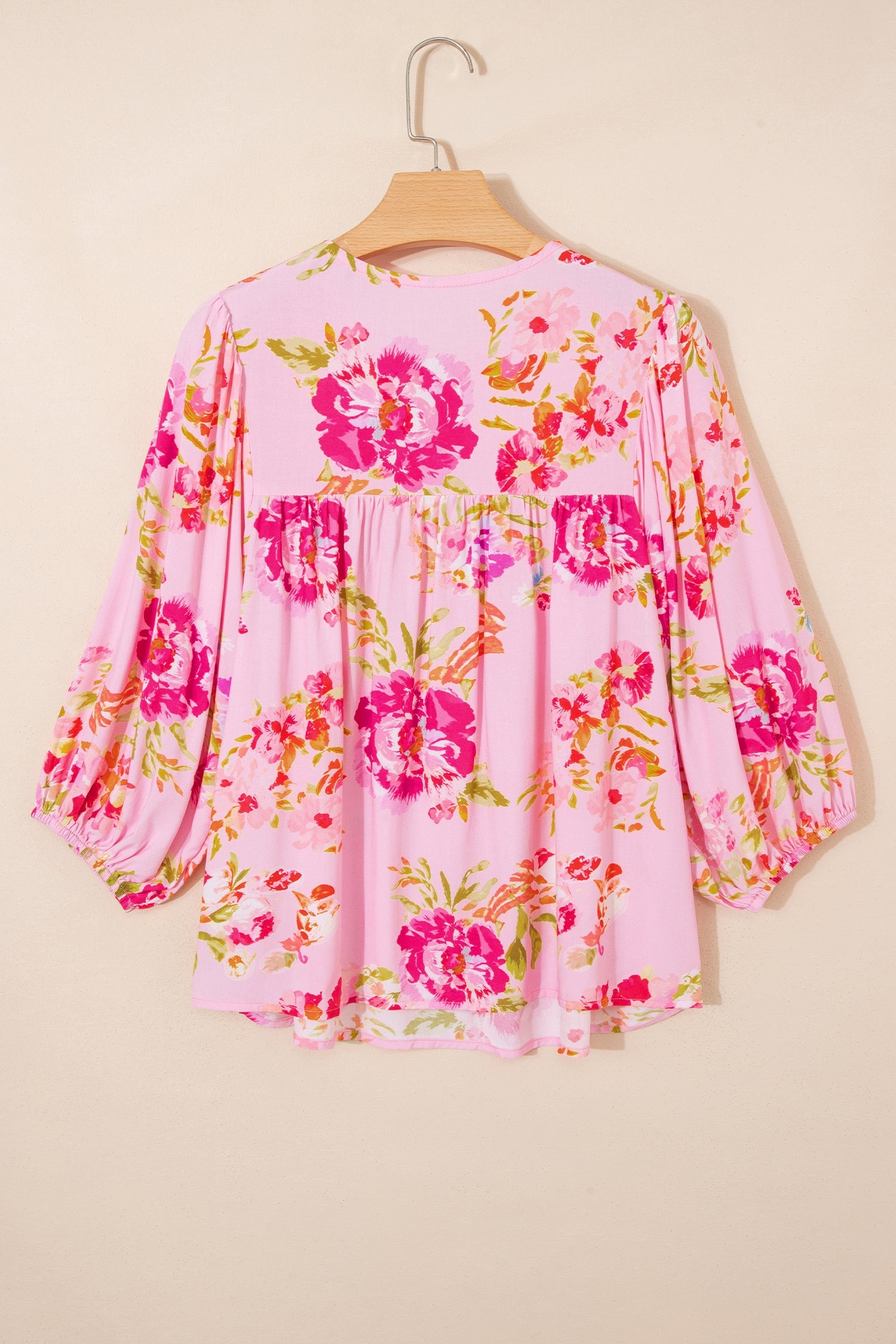 Floral Tie Neck 3/4 Puff Sleeve Blouse