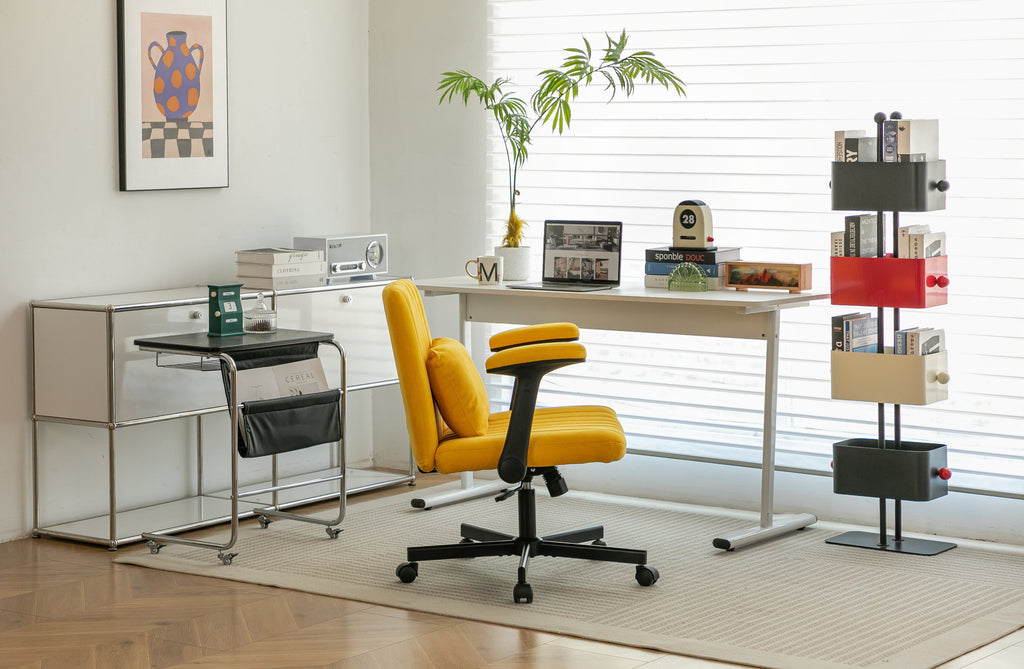 Yellow Linen Criss Cross Armrest Office Chair with Wheels - Ergonomic for Home Office, Work & Study