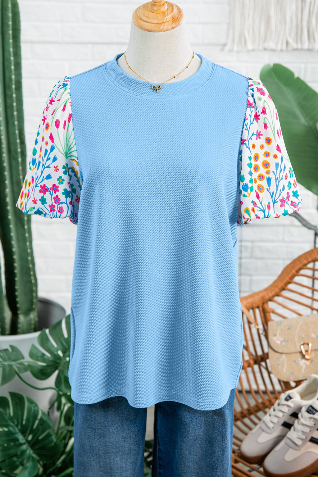Floral Patchwork Bubble Sleeve Textured Blouse