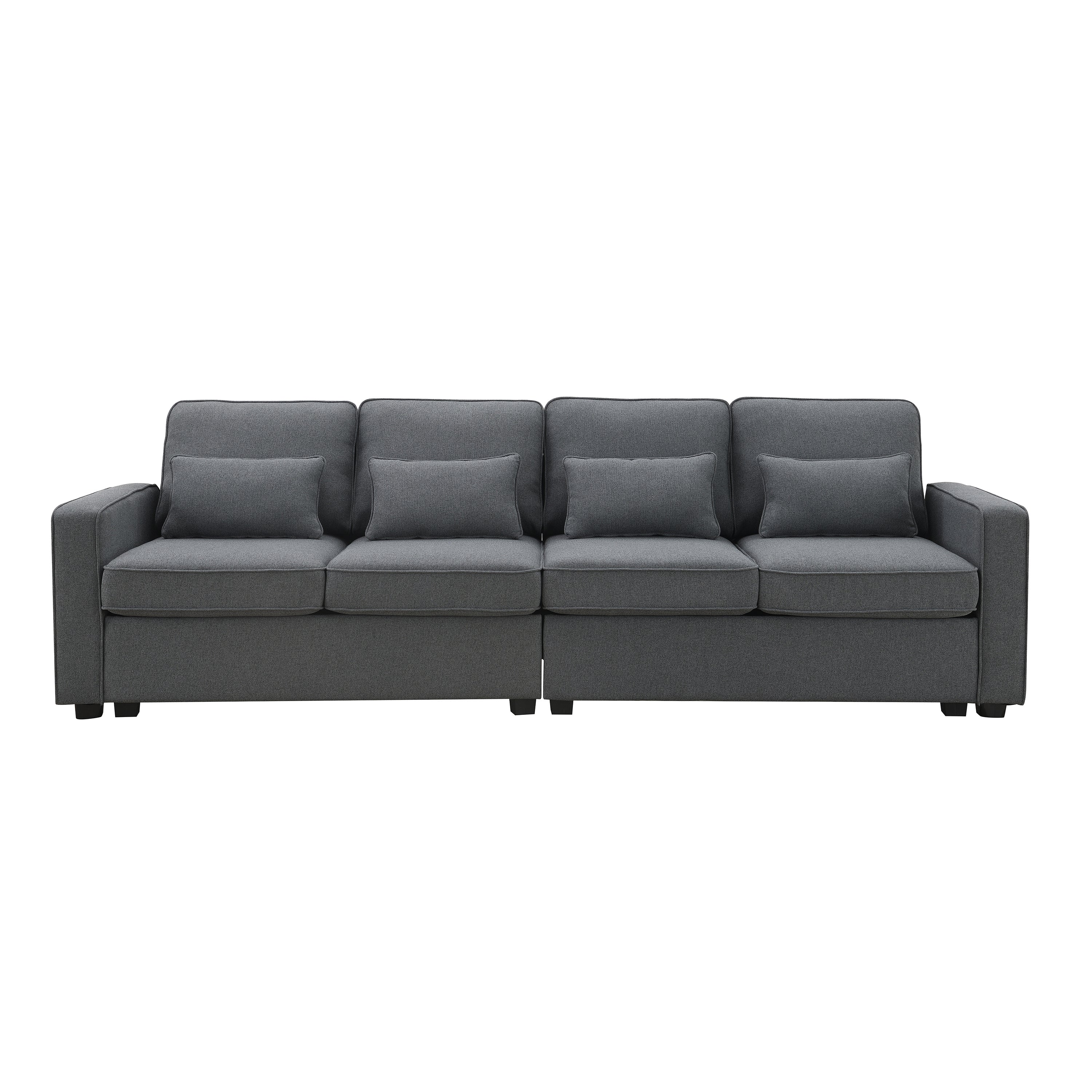 [VIDEO provided] [New] 104' 4-Seater Modern Linen Fabric Sofa with Armrest Pockets and 4 Pillows,Minimalist Style Couch for Living Room, Apartment, Office,3 Colors