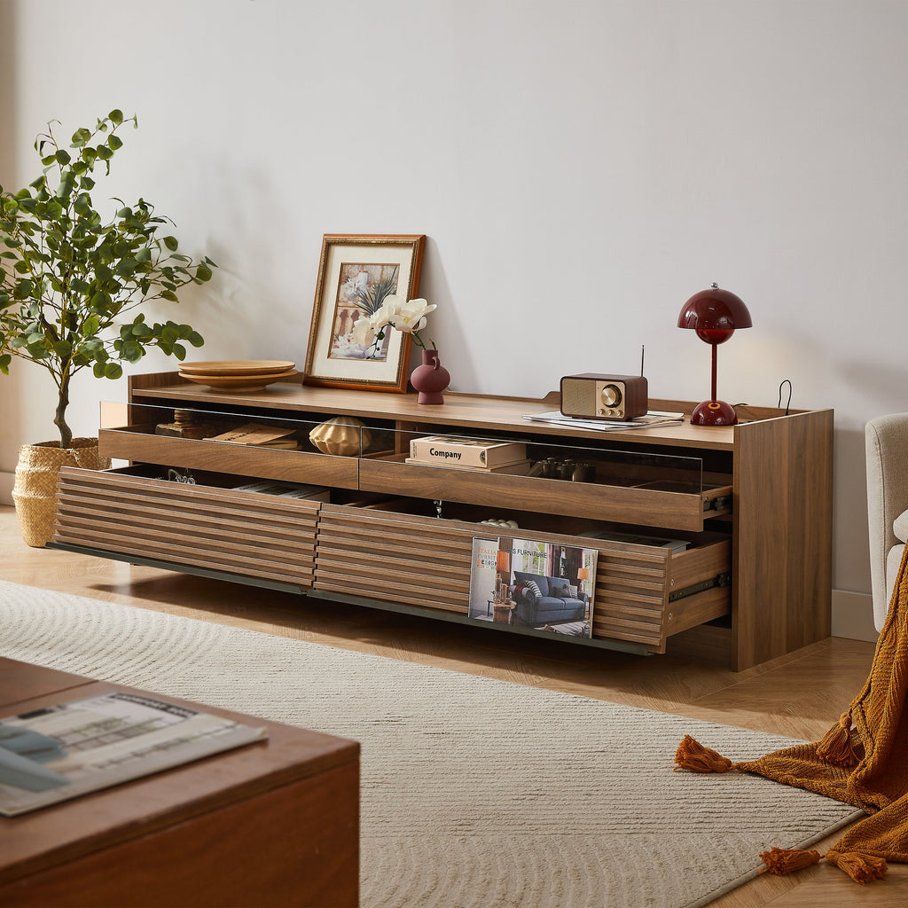 Mirod Modern TV Stand with Ample Storage,4 Drawer Design with Tempered Glass ,Built-in Charging Ports and Ambient LED Lighting ,Versatile for Any Decor Style