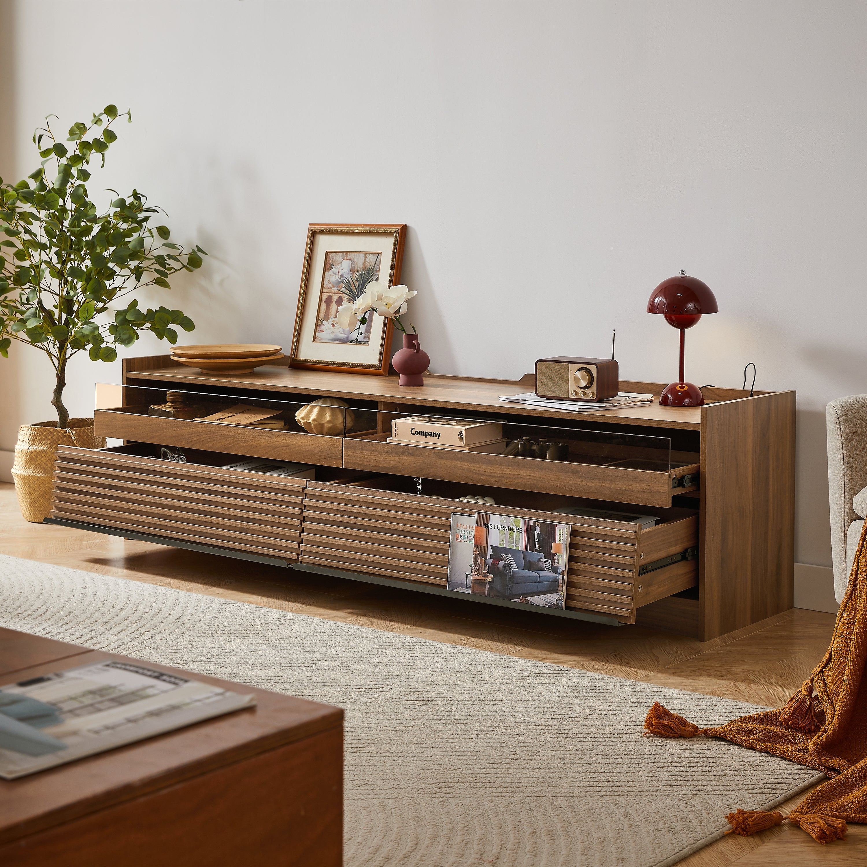 Mirod Modern TV Stand with Ample Storage,4 Drawer Design with Tempered Glass ,Built-in Charging Ports and Ambient LED Lighting ,Versatile for Any Decor Style