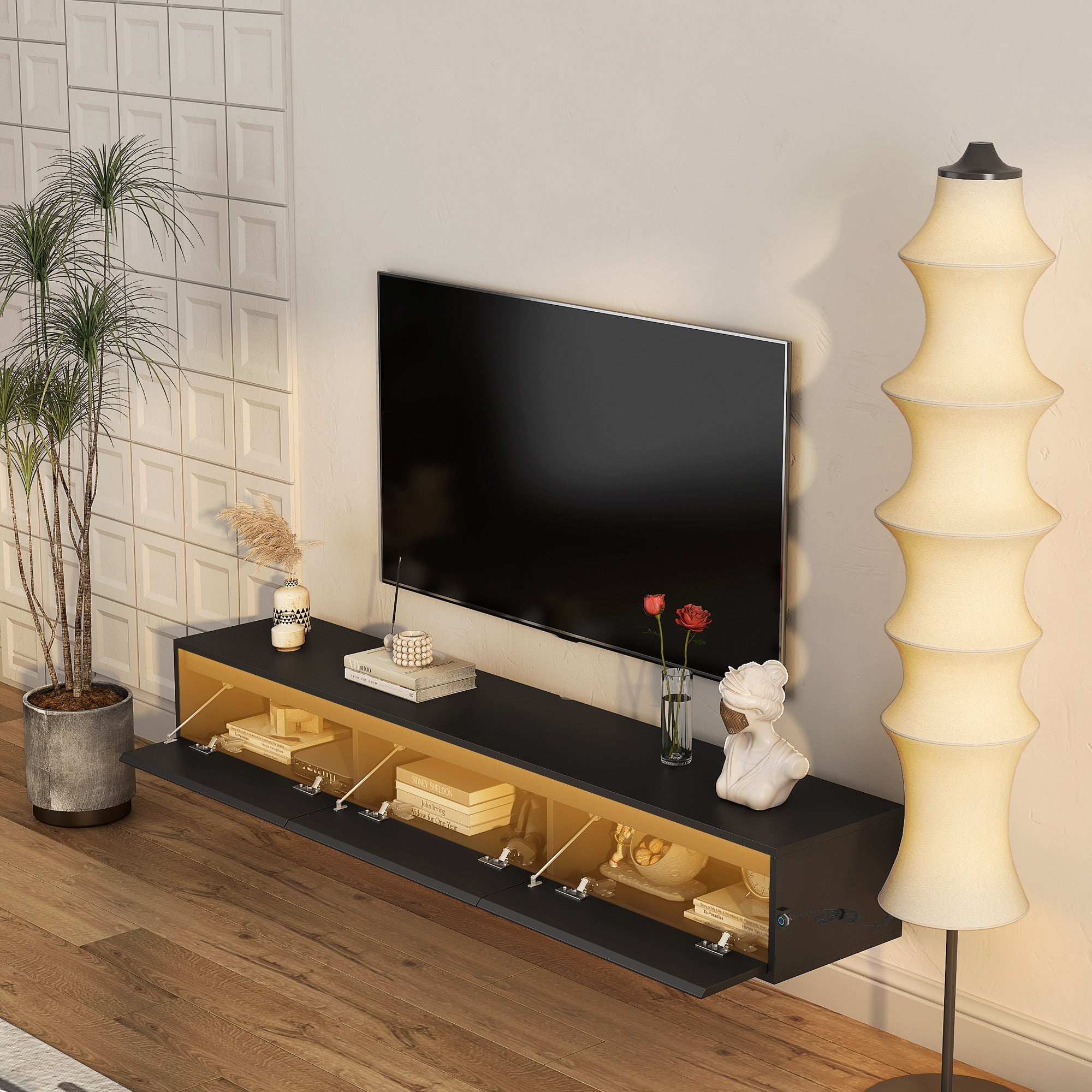 Floating TV Stand, Wall Mounted TV Shelf with Led Lights & Power Outlet,High Gloss TV Cabinet for Black tv Stands for Living Room