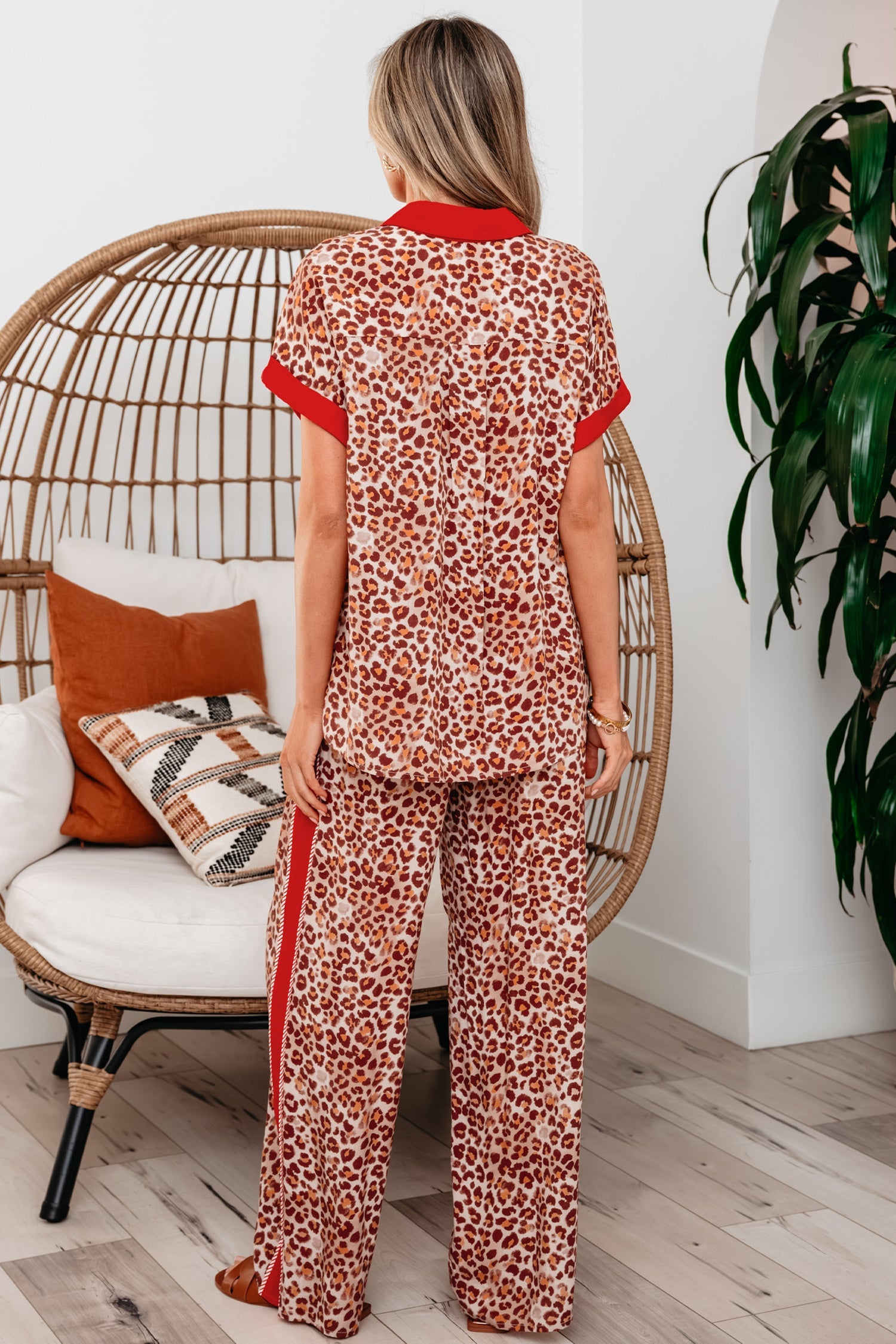 Leopard Contrast Trim Top and Pant Set