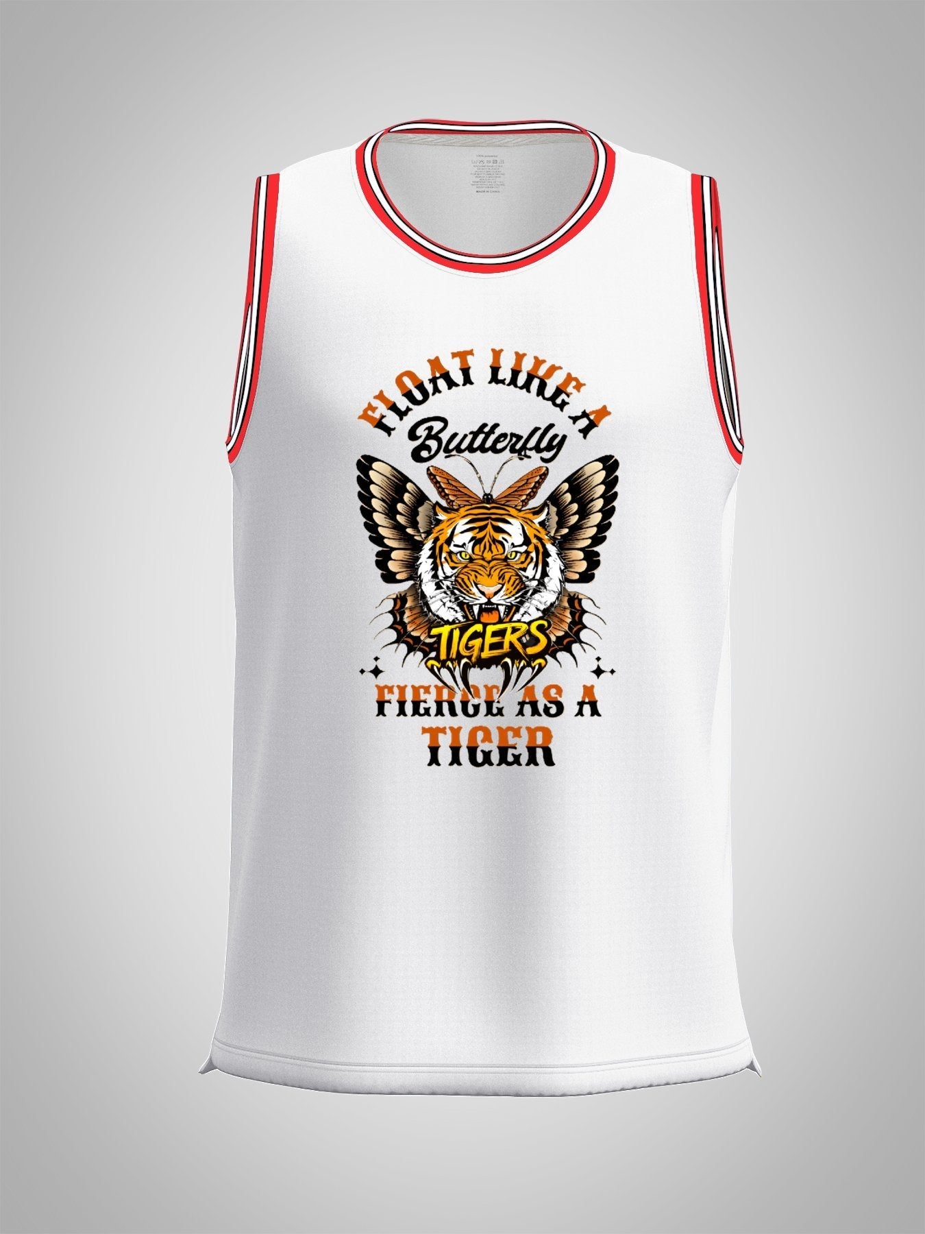 Float Like a Butterfly Fierce as a Tiger Adult White with Red Trim Basketball Jersey | Ships From USA
