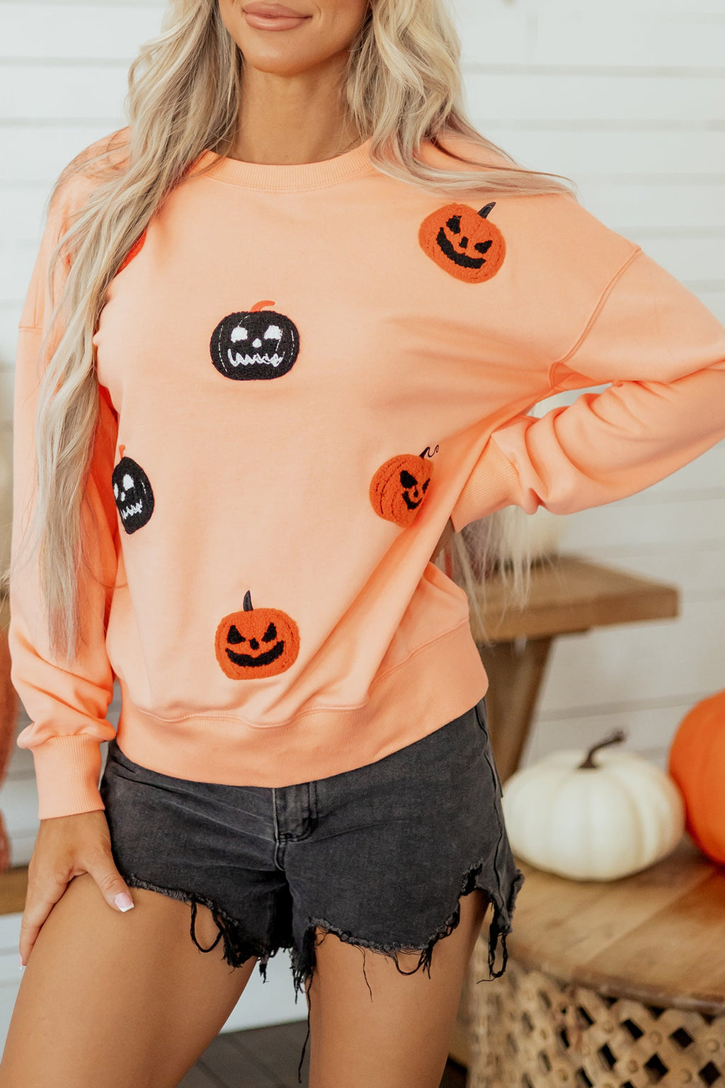Halloween Embroidered Jack-O-Lantern Drop Shoulder Sweatshirt