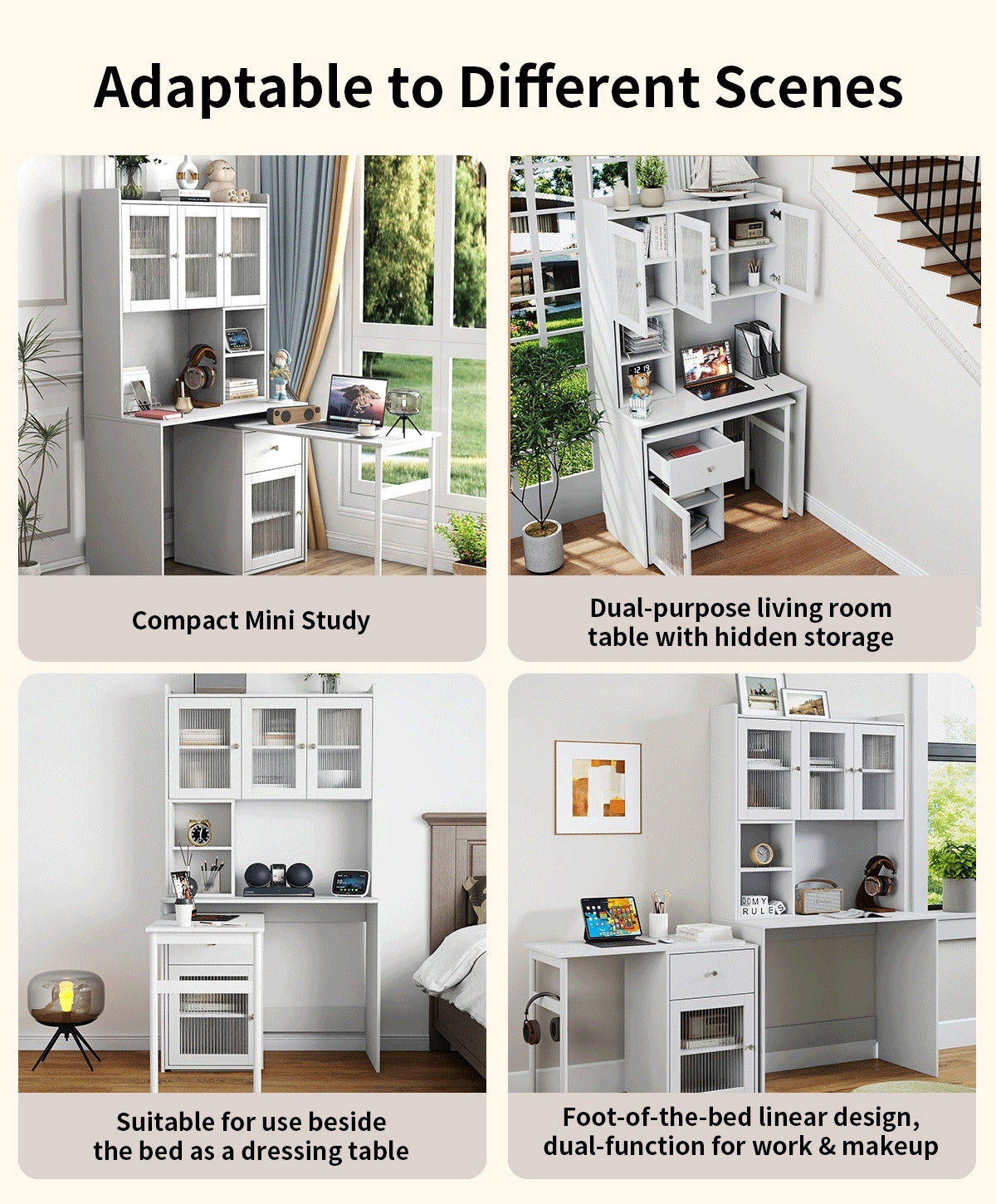 Computer Desk with glass door for Home Office or Study desk,  Bookshelf & Hutch, Computer Desk with 90 Degree Rotating Desktop,Large Working Space