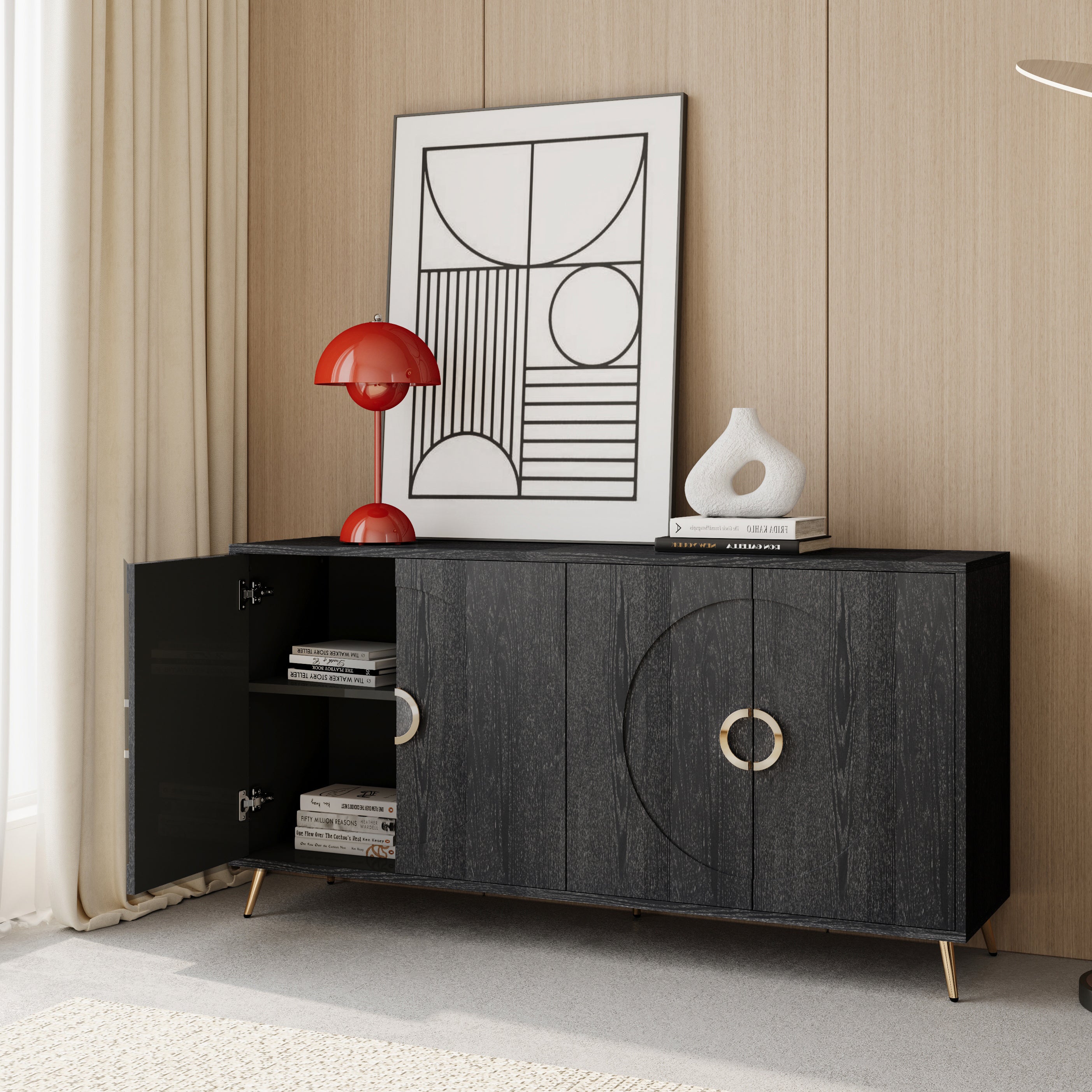 Modern Lacquered 4 Door Wooden Cabinet Sideboard Buffet Server Cabinet Storage Cabinet, for Living Room, Entryway, Hallway, Office, Kitchen and Dining Room, Distressed Black