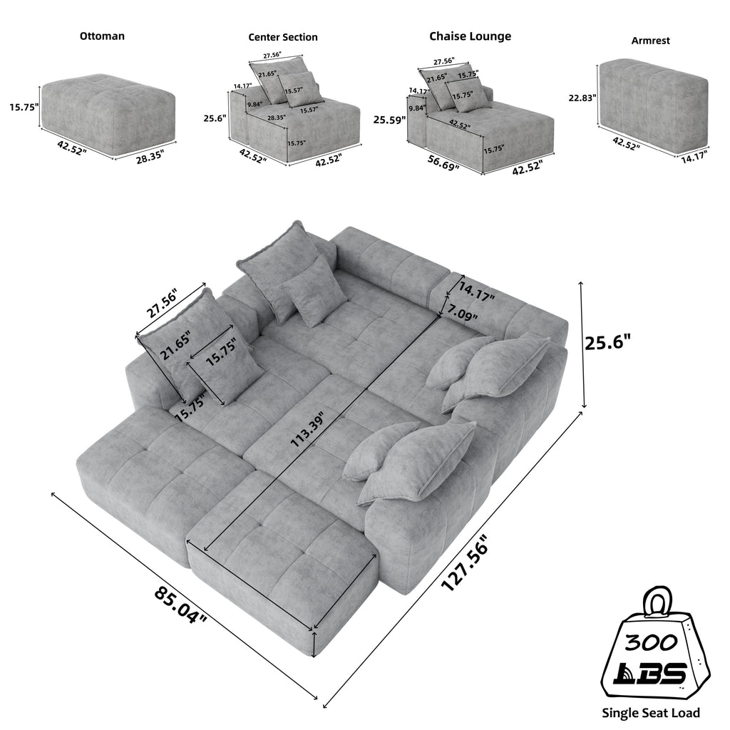 Modern Oversized Modular Sectional Sofa, Sparkling Chenille Fabric Soft Cushion Sofa with 8 Pillows, 8 PCS DIY Combination Tufted Sofa, No Assembly Required, GREY