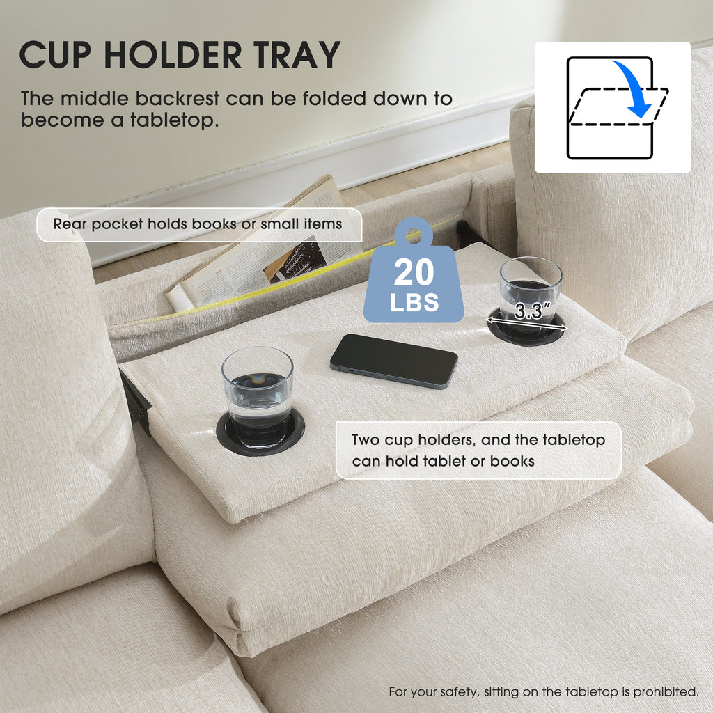 Chenille Sectional Sofa with Bluetooth Speaker, Comfy Cloud Couch Set with Drop Down Table, Cup Holders, USB Charger, Storage Armrest, Wide Seat, 96*35''