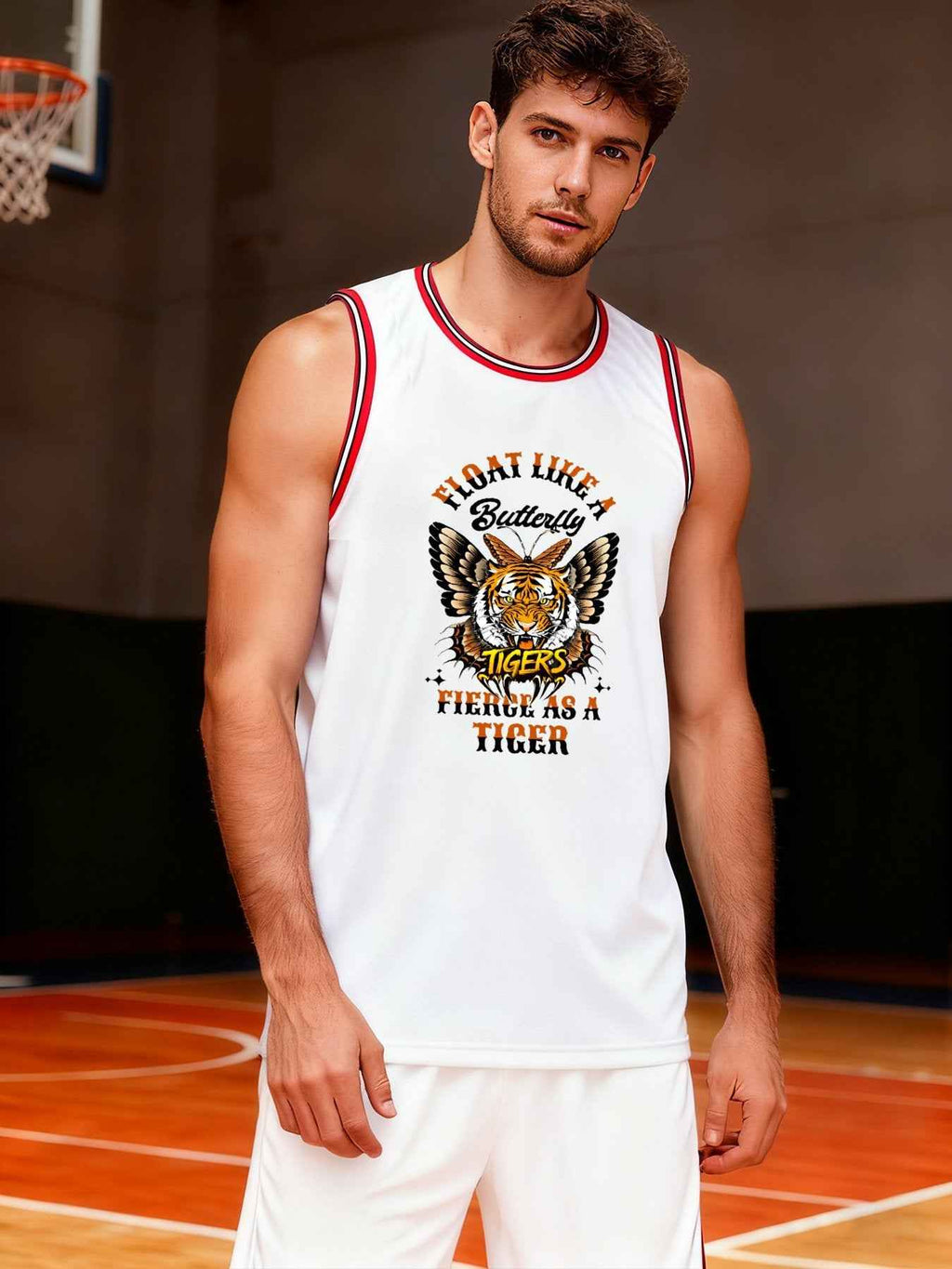 Float Like a Butterfly Fierce as a Tiger Adult White with Red Trim Basketball Jersey | Ships From USA