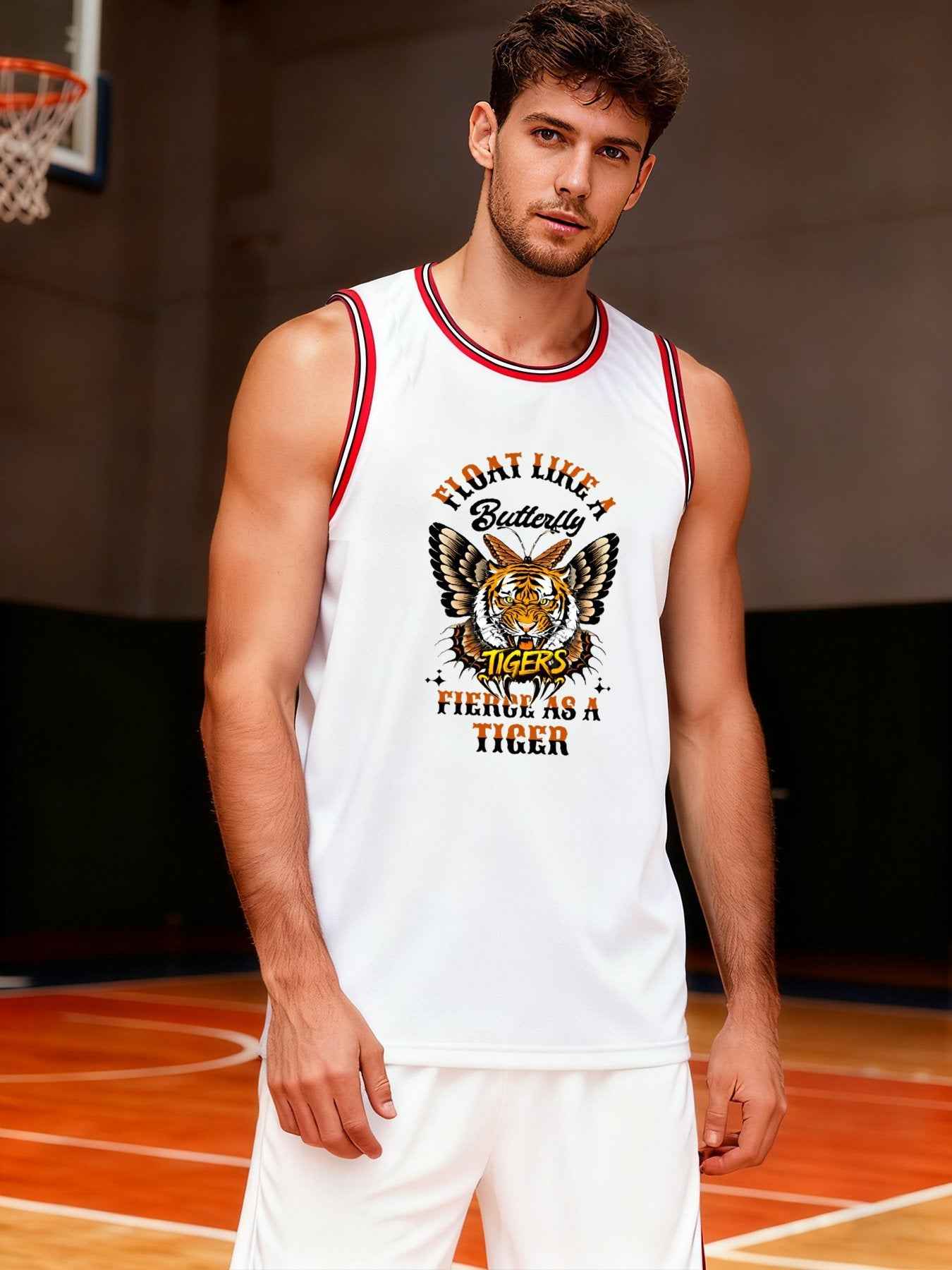 Float Like a Butterfly Fierce as a Tiger Adult White with Red Trim Basketball Jersey | Ships From USA