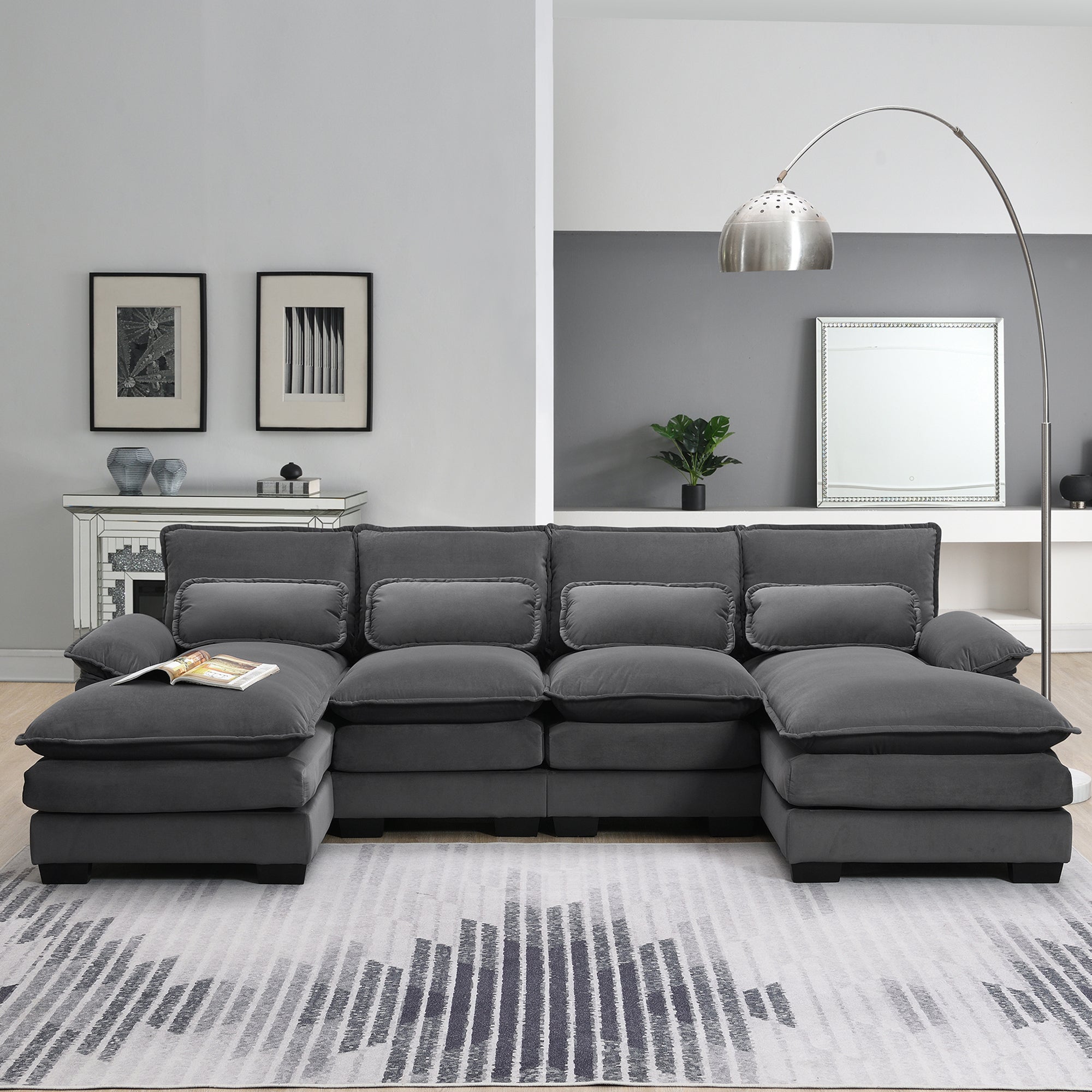 Modern U-shaped Sectional Sofa with Waist Pillows, 6-seat Upholstered Sleeper Sofa with Chaise Lounge in Velvet, 109.8*55.9', Gray
