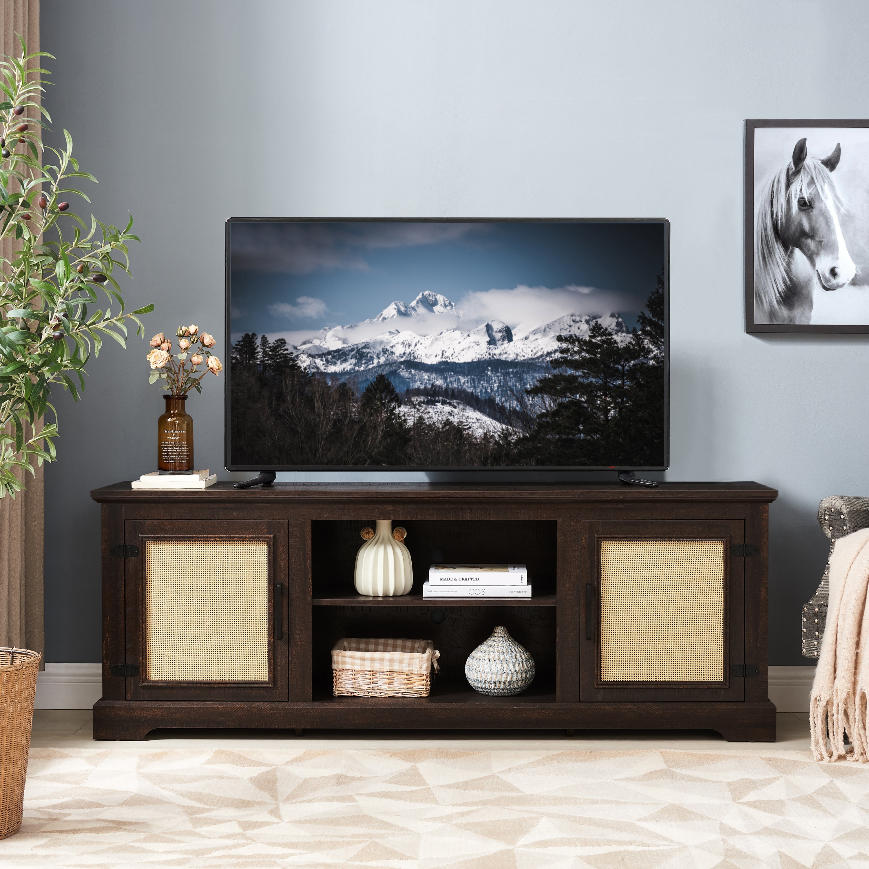 Farmhouse Rattan TV Stand Console Table for TVs up to 70 Inches, TV Console Table with 2 Storage Shelves, 2 Natural Rattan Door Cabinets, 65'W*15.55'D*23.86'H, Espresso
