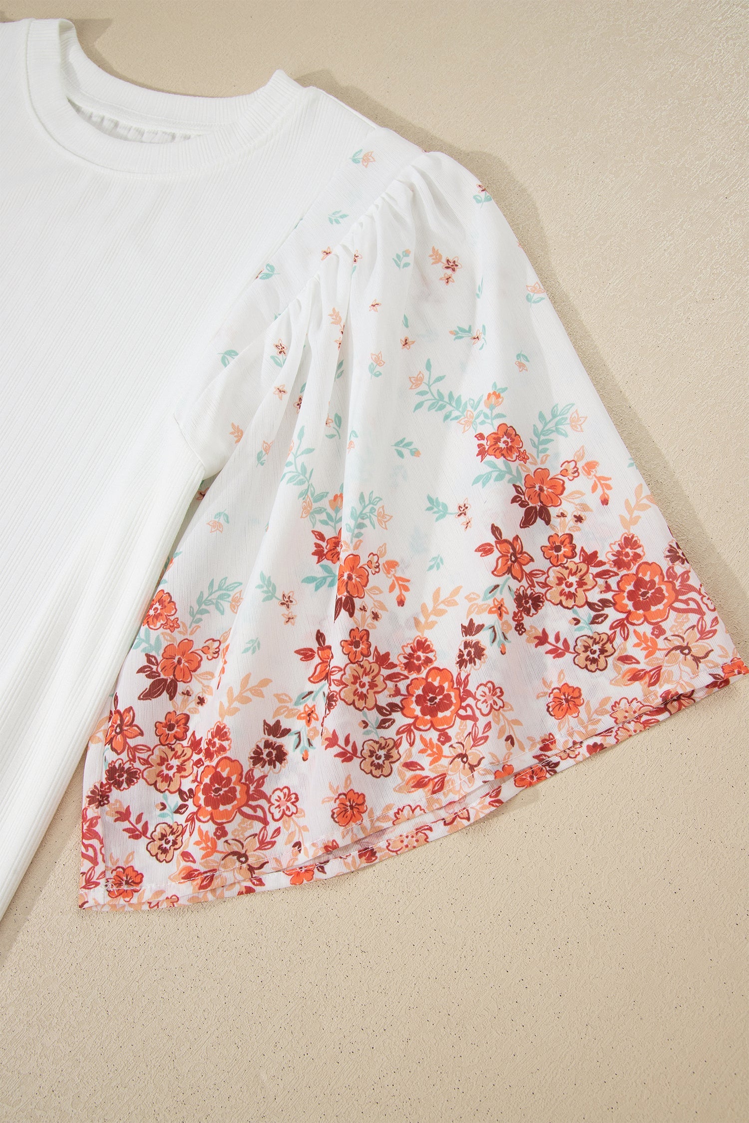 Floral Patchwork Ribbed Knit Short Sleeve Top
