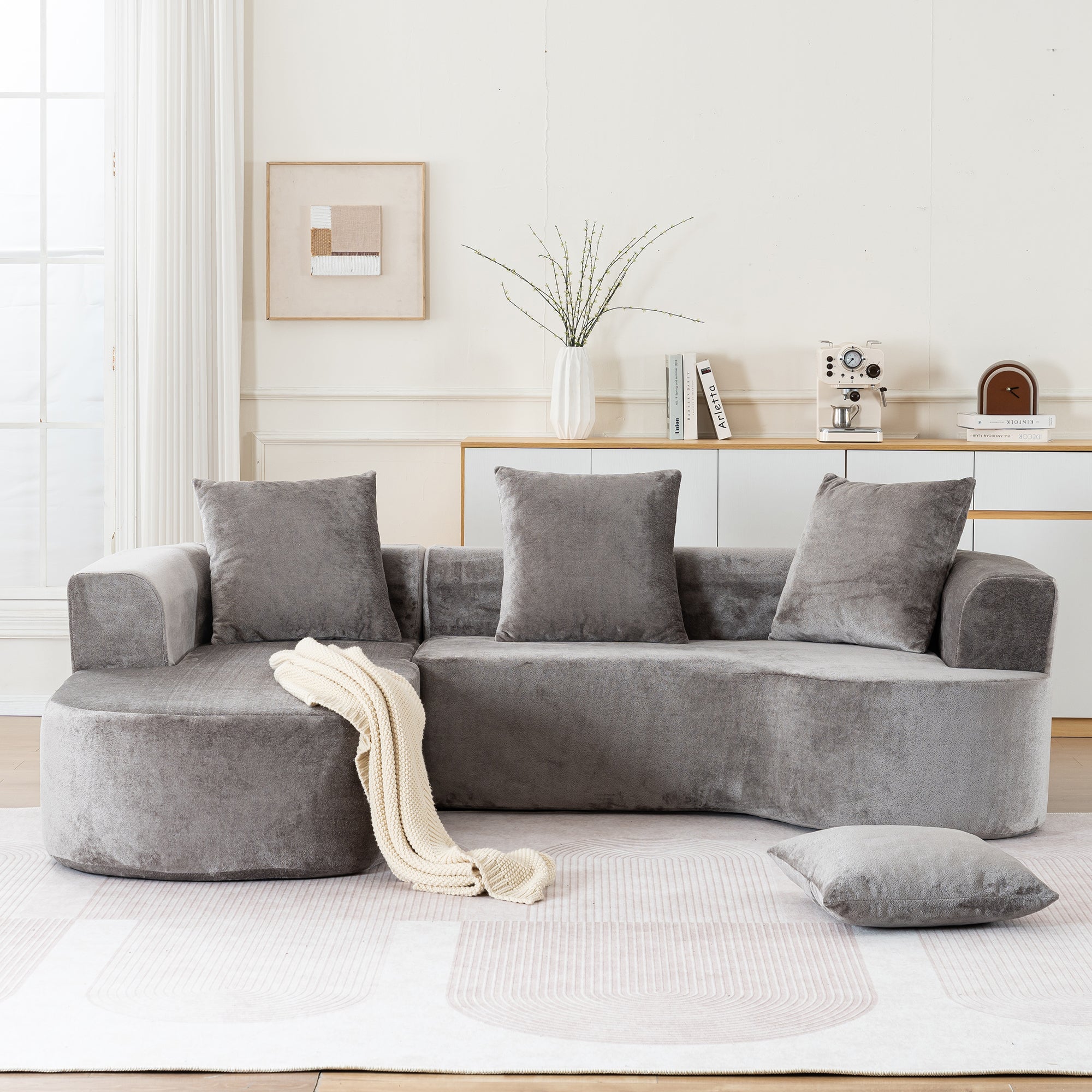 Modular Grey-Corduroy Fabric Sectional Sofa with L-Shape Chaise, Cloud Sectional Modern Sleeper Couch with Deep Seat,Sponge Compression Sofas No Assembly Required