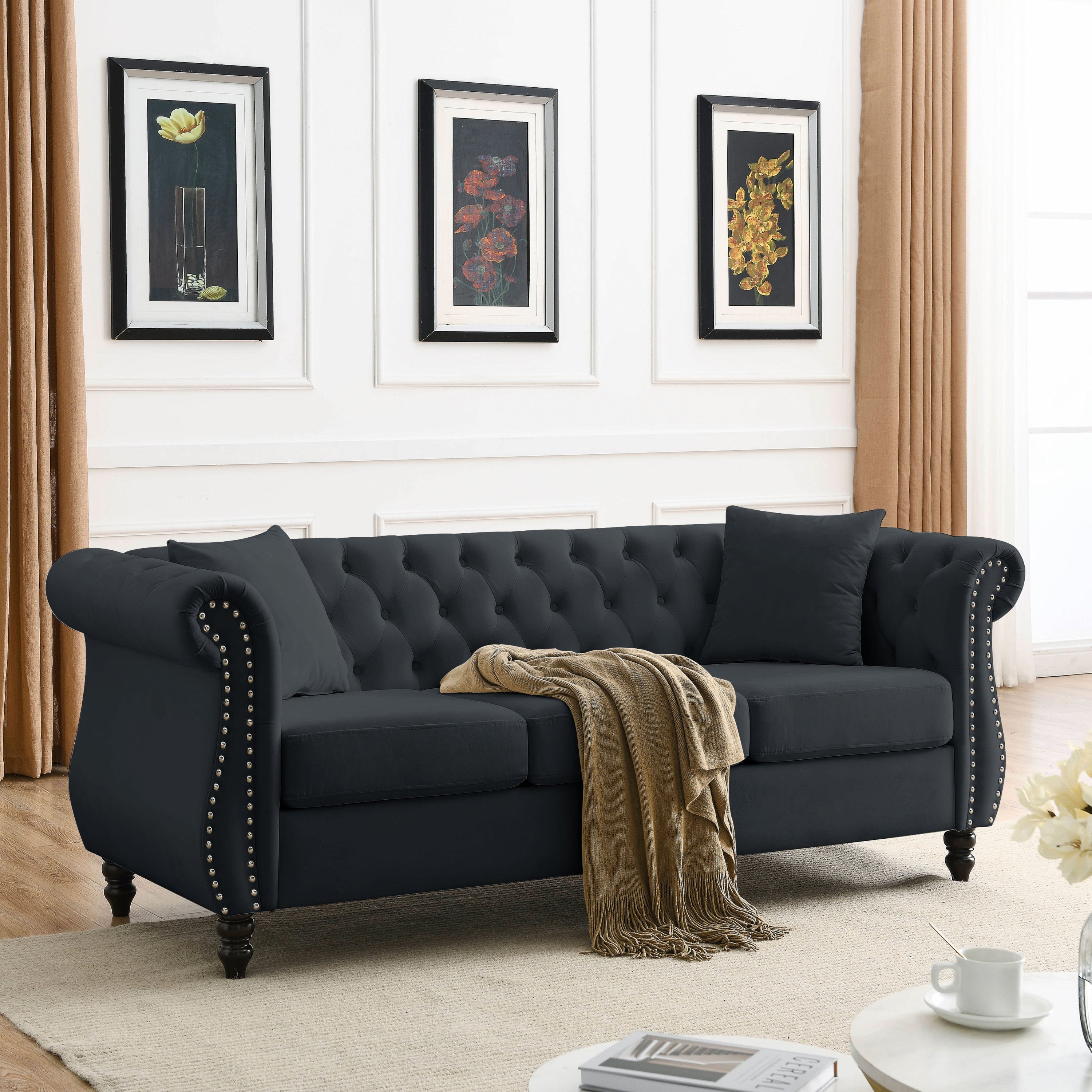 [Video] 80' Chesterfield Sofa Black Velvet for Living Room, 3 Seater Sofa Tufted Couch with Rolled Arms and Nailhead for Living Room, Bedroom, Office, Apartment, two pillows