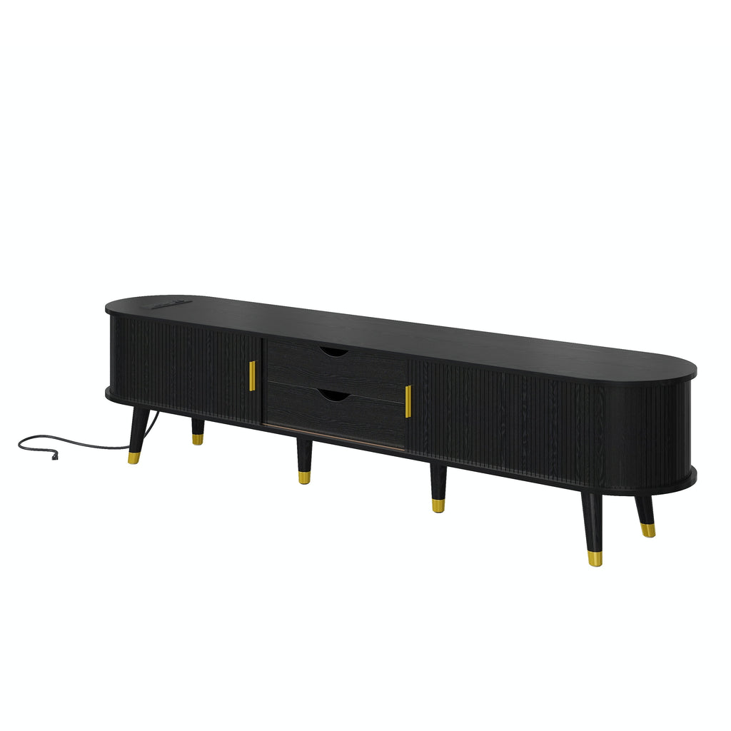 [Assembly Video]Wooden Oval Fluted TV Stand with Charging Station for TV up to 80', Mid-Century Media Console with Sliding Tambour Door, Farmhouse TV Cabinet with Golden Handle for Living Room, Black
