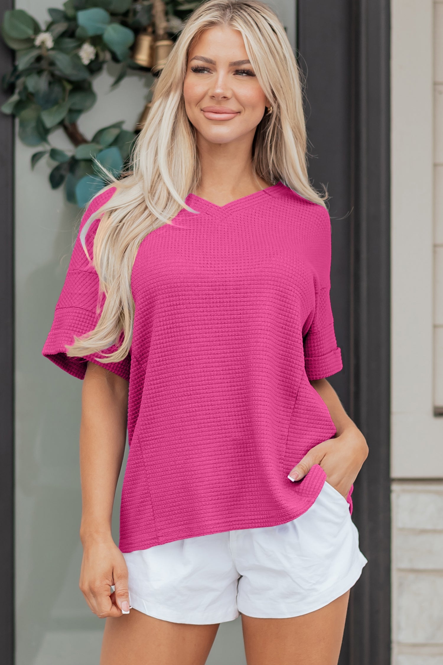 Solid Waffle Knit V-Neck Short Sleeve Top