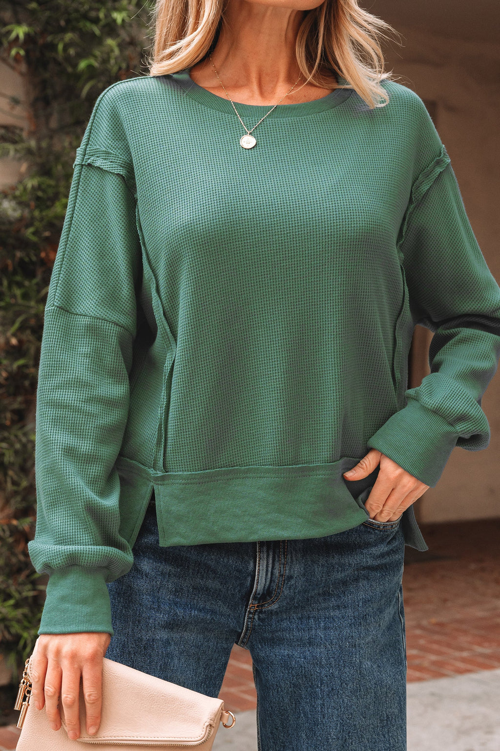 Solid Ribbed Raw Seam Patchwork Drop Shoulder Sweatshirt