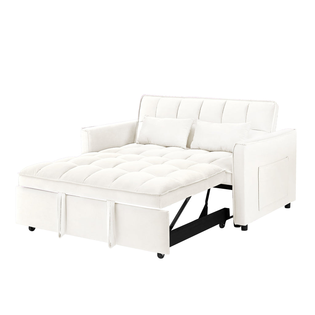 55.1-inch 3-in-1 convertible sofa bed, modern velvet double sofa Futon sofa bed with adjustable back, storage bag and pillow, for living room, bedroom (Off white)