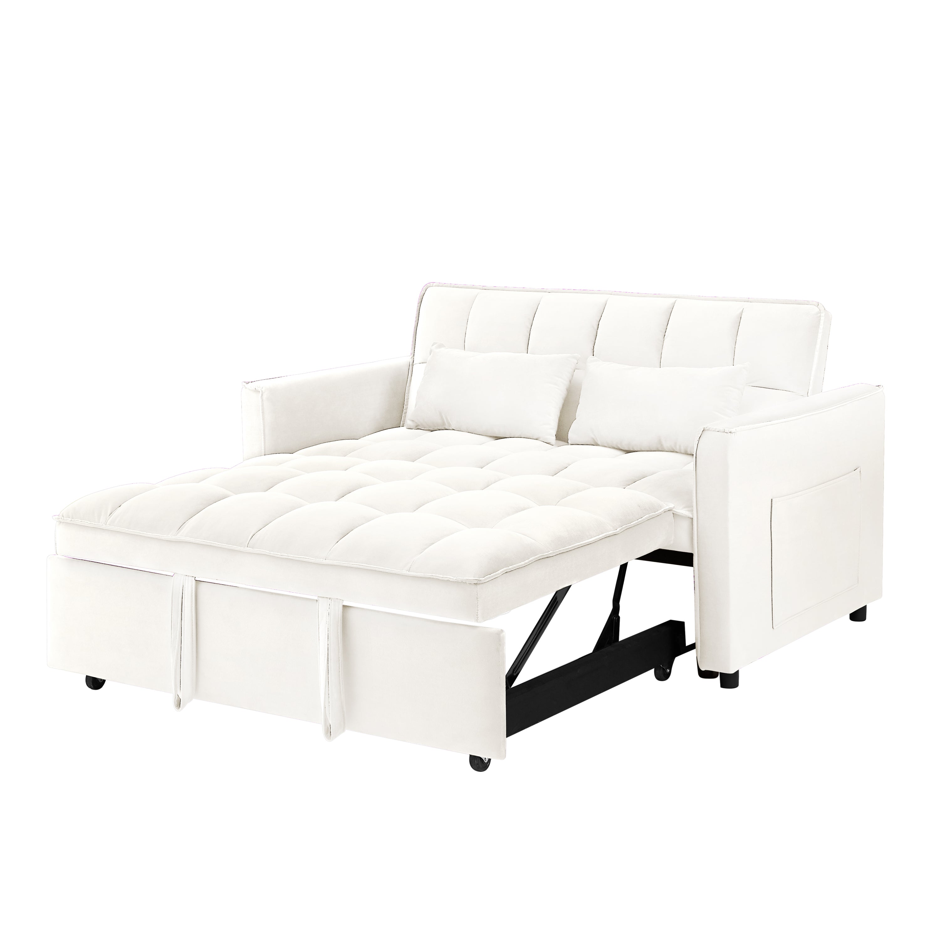 55.1-inch 3-in-1 convertible sofa bed, modern velvet double sofa Futon sofa bed with adjustable back, storage bag and pillow, for living room, bedroom (Off white)