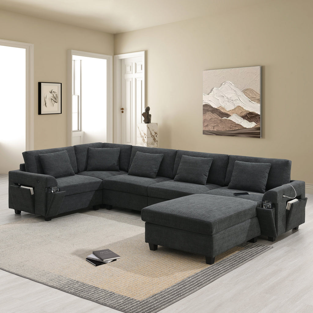 Chenille U Shaped Sectional Sofa with Ottoman and Storage, USB Ports, 2 Colors