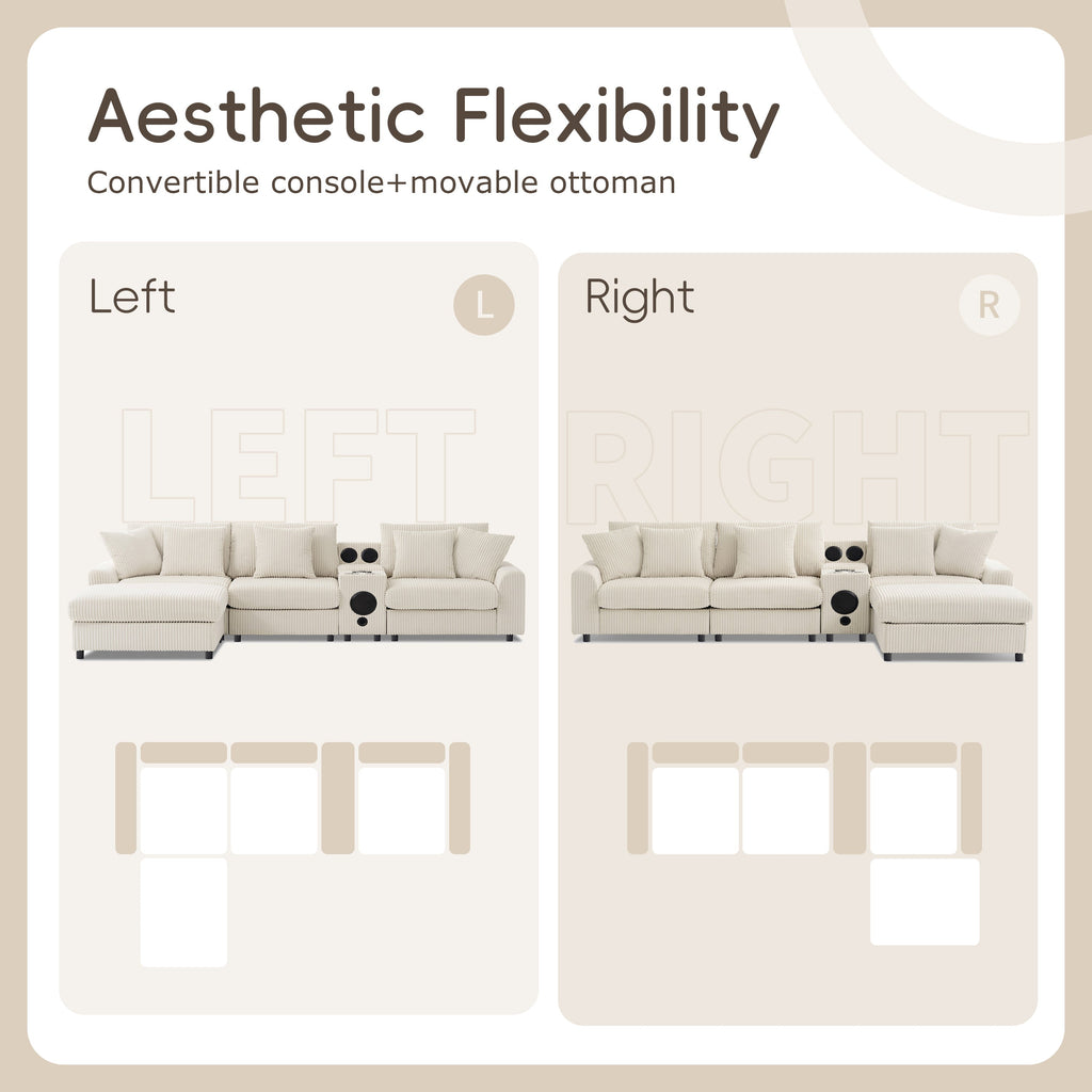 Modular Corduroy Sectional Sofa with Bluetooth Speakers, USB Charger, Cup Holders, Storage, Ottoman, 114*64'' Cream