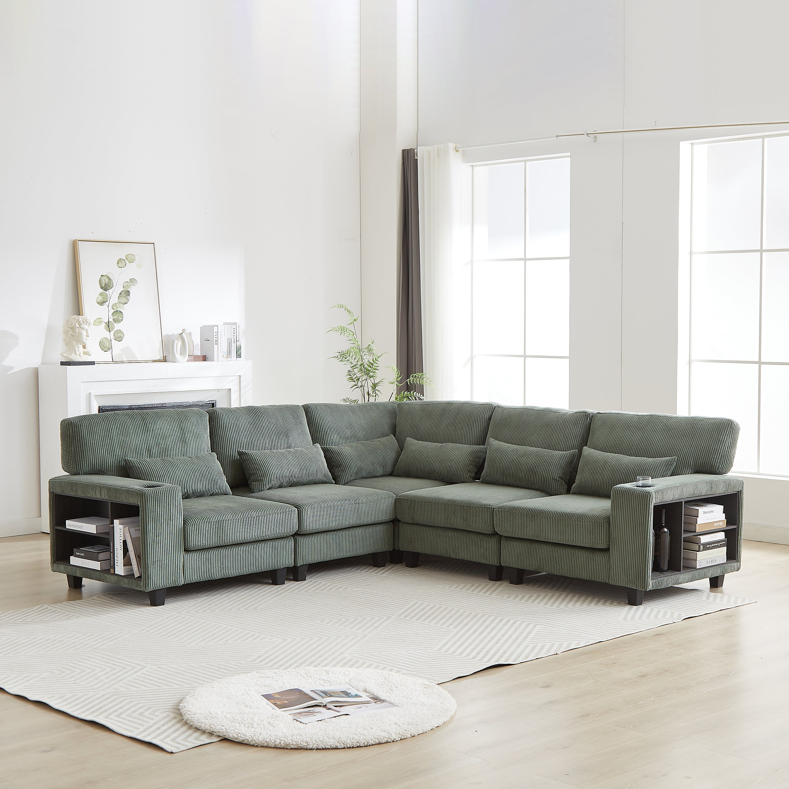 102.75*102.75' L-Shaped Modular Sectional Sofa, Modern Corduroy Sectional Sofa, Arm with Storage With Cup Holder 5-Seat Convertible Sectional Sofa for Living Room, Bedroom, Lounge and Projection Room