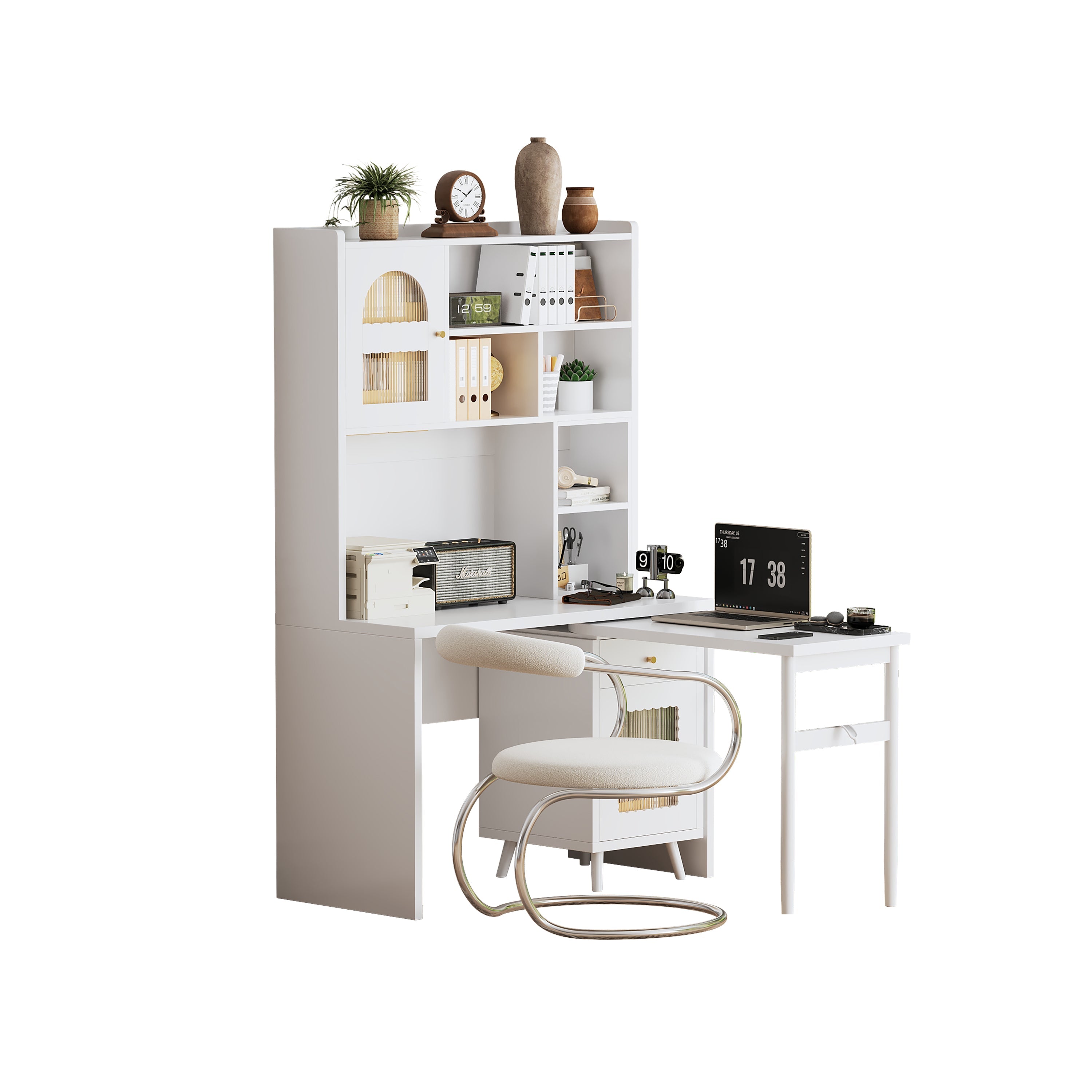 Computer Desk with 90 Degree Rotating Desktop, 43x70 Inch Office Desk with Storage Drawer and Cabinets, Gaming Desk with Shelves, Writing Desk for Study, Work Desk for Home Office Bedroom Living Room