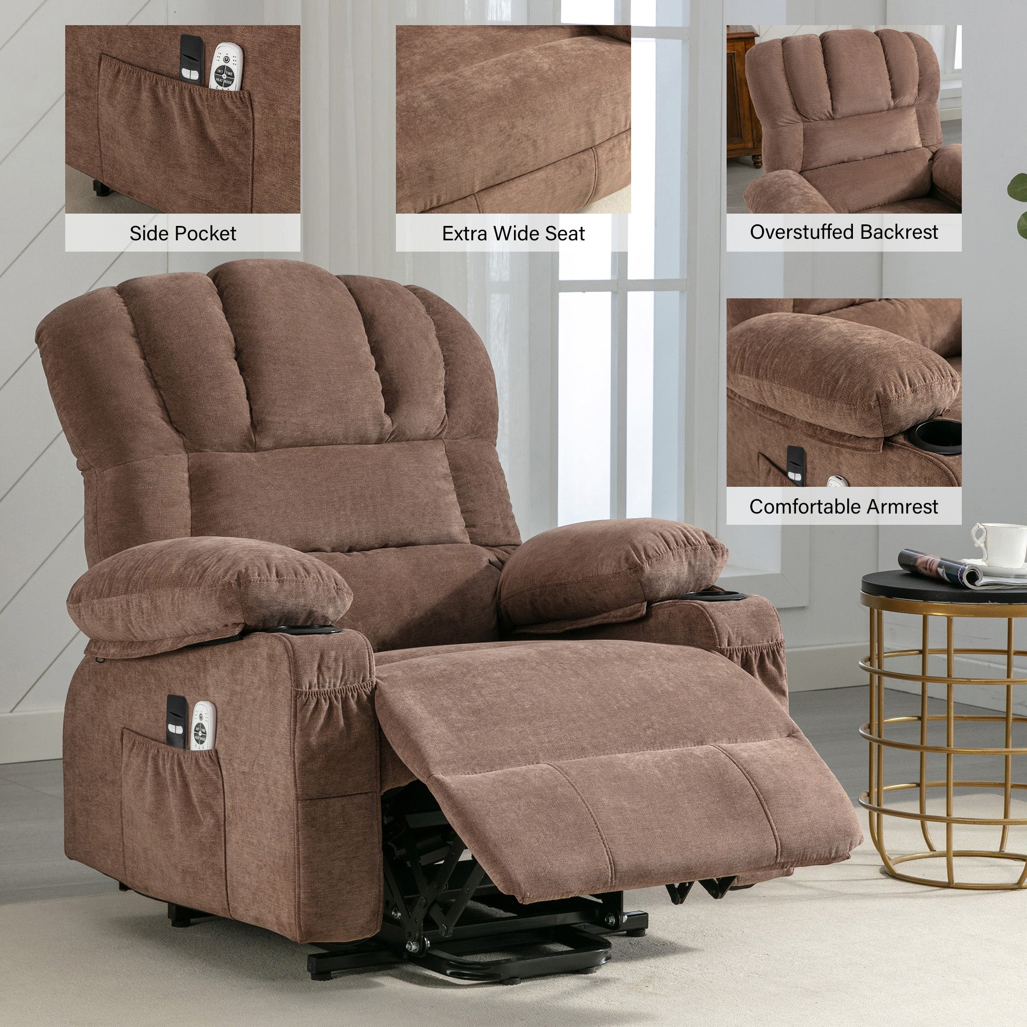 Power Electric massage lift lounge chair, suitable for the elderly, with heating and vibration functions, with USB, can be used for lying down. BROWN
