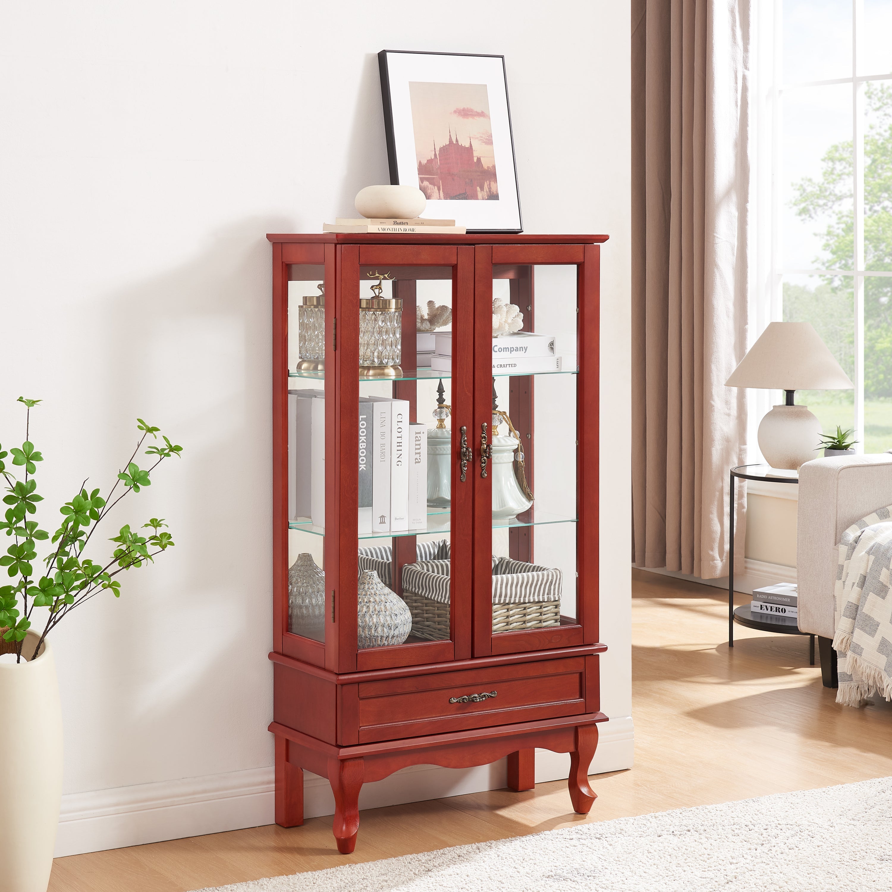 Lighted Glass Display Cabinet Glass Wine Cabinet Curio Display Cabinet with Adjustable Glass Shelves Two Doors and One Drawer Bulb Included for Home Decor and Storage-CHERRY