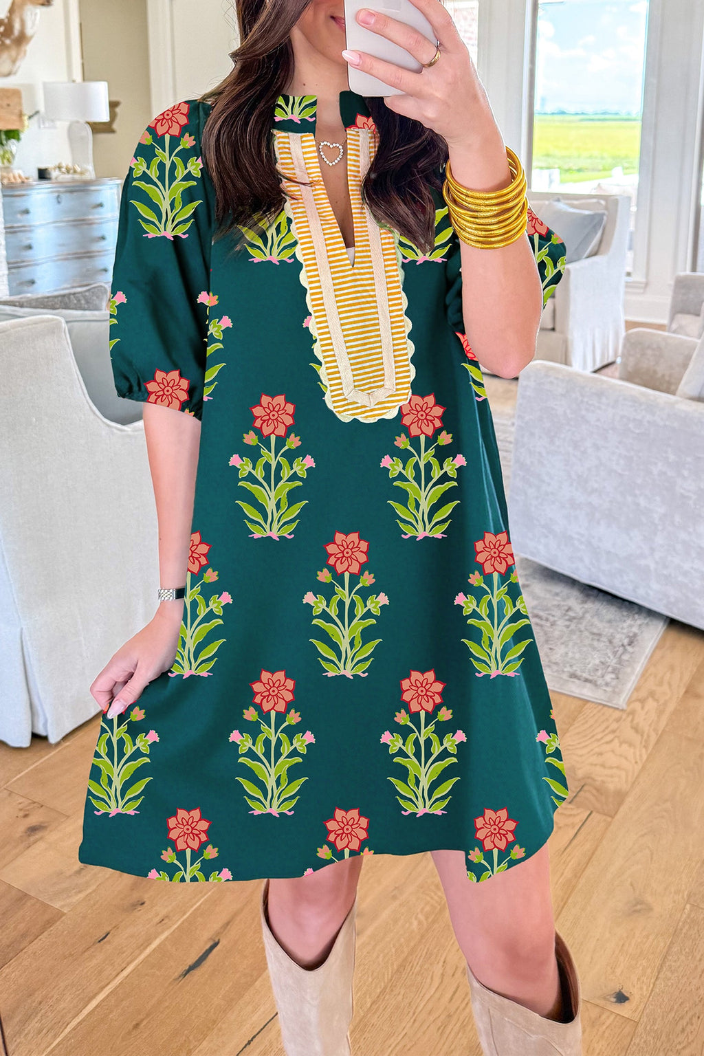 Floral Contrast Trim Stripe Patchwork Short Sleeve Dress