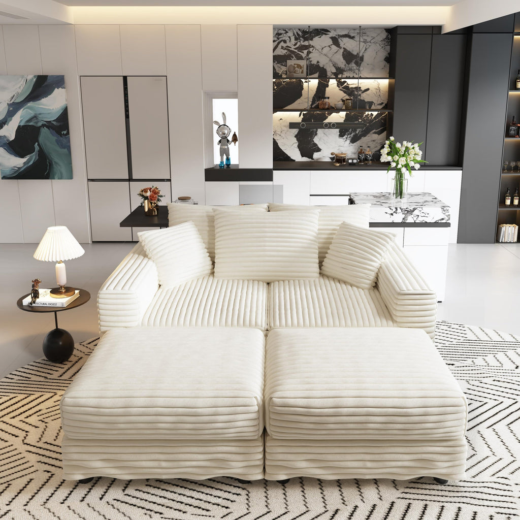 82.7 ' Plush Corduroy 3-Seat Sofa, Modern Comfy Upholstered Sofa Cloud Couch, Deep Seat Couches with Soft Pillows and 2 Ottomans, Convertible Sofa Lounge Chair, for Living Room,Apartment,Office,Beige
