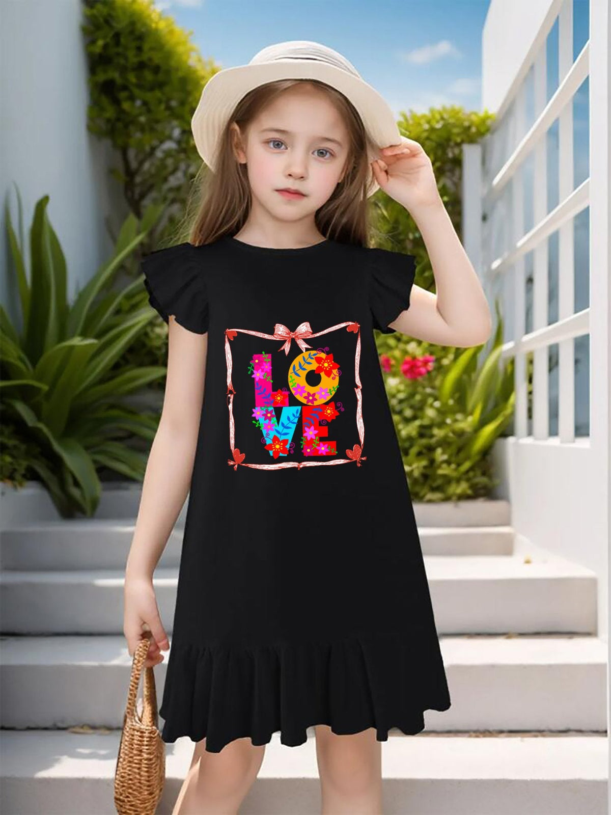 Floral LOVE Flutter Sleeve Dress for Girls (Front Printing)