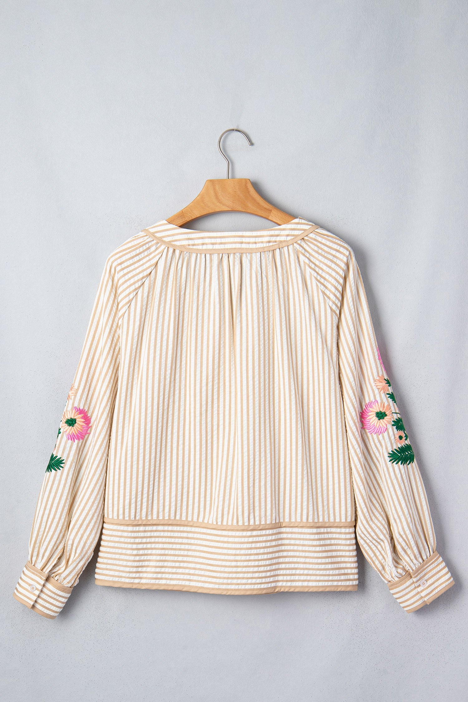 Floral Embroidered Stripe V-Neck Long Sleeve Blouse