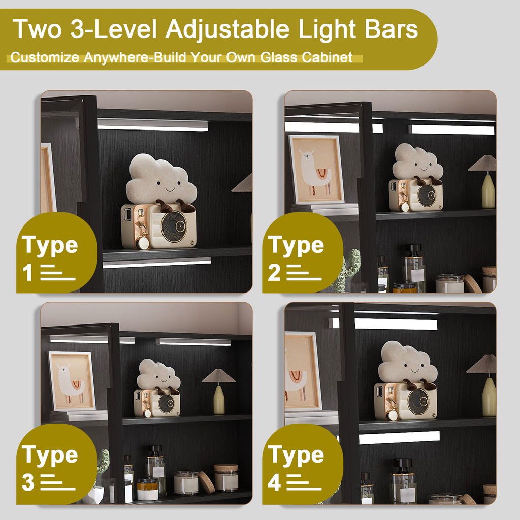 Black L-Shaped Computer Desk with Glass Cabinets, Built-In LED Lights, USB Charging Ports, and Keyboard Tray - Ergonomic Office Furniture for Home and Corporate Workspaces