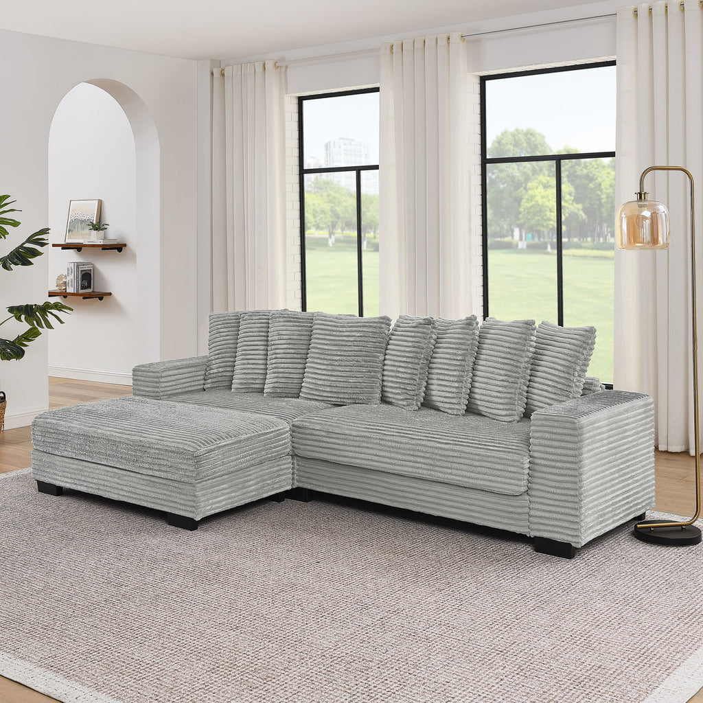 Corduroy Tufted Upholstered Sleeper Sectional Sofa, L-Shaped Modular Convertible Sofa , Can freely change the position of the footrests-Gray(Assembly is required)