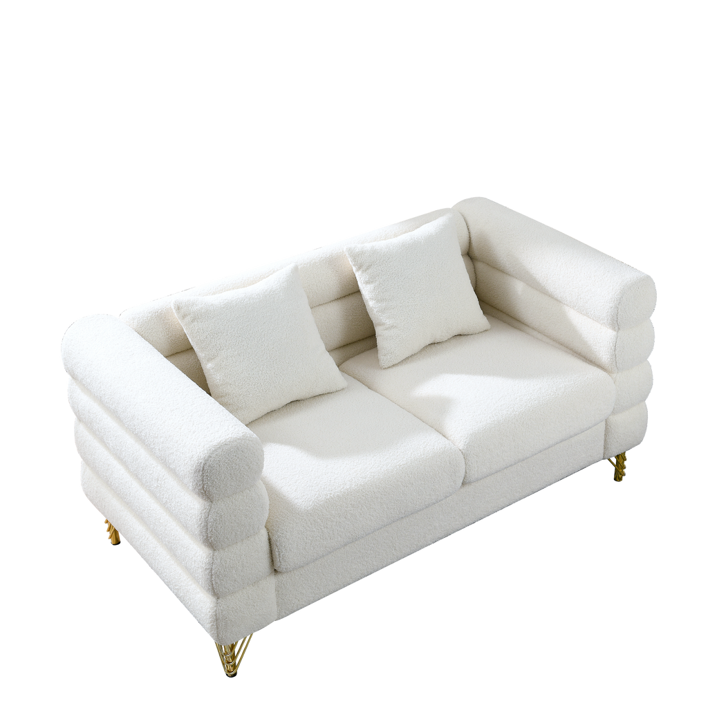 60Inch Oversized 2 Seater Sectional Sofa, Living Room Comfort Fabric Sectional Sofa-Deep Seating Sectional Sofa, Soft Sitting with 2 Pillows for Living Room, Bedroom  White teddy(Ivory)(W834S00029)