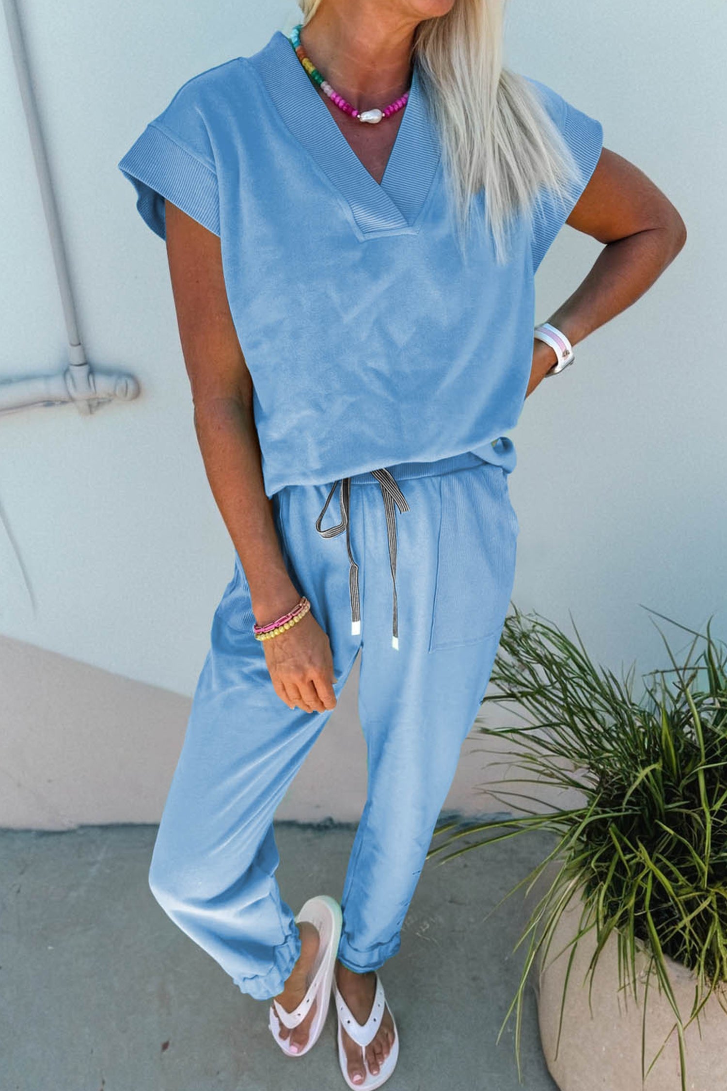 Solid V-Neck Tee & Drawstring Pants Set