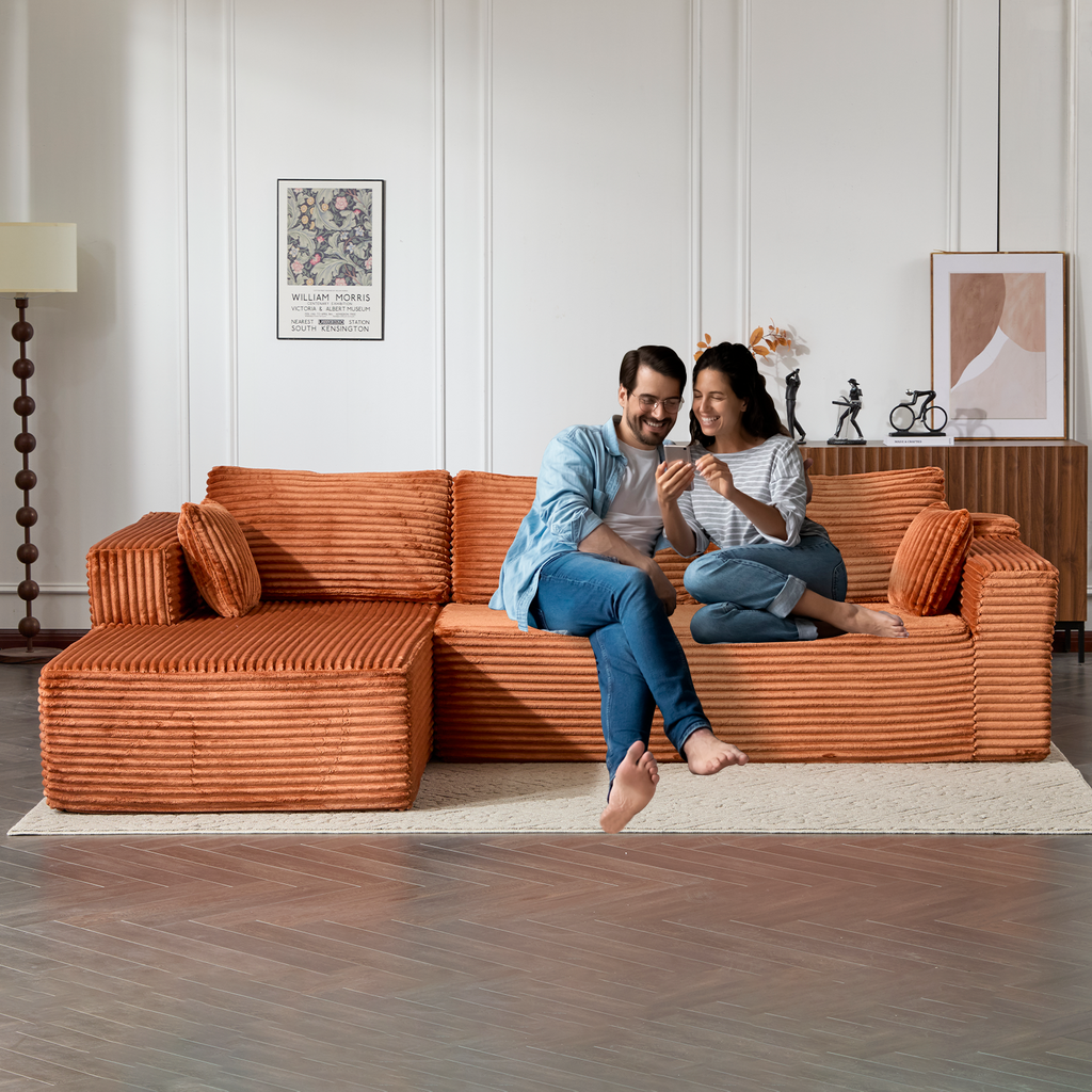 Compression Sectional Couch with Comfy Chaise, Boneless L Shape Sofa with Deep Seat, Minimalist Modular Couches Sleeper for Living Room Bedroom Apartment Lounge,corduroy,Brown