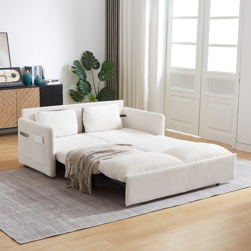 MH'' 64.5 Inch Sleeper Sofa Bed  3-in-1 Adjustable Sleeper with Pullout Bed   2 Pillows and Side Pockets  Soft Corduroy Convertible Sleeper Sofa Bed for Living Room Bedroom Apartment Office