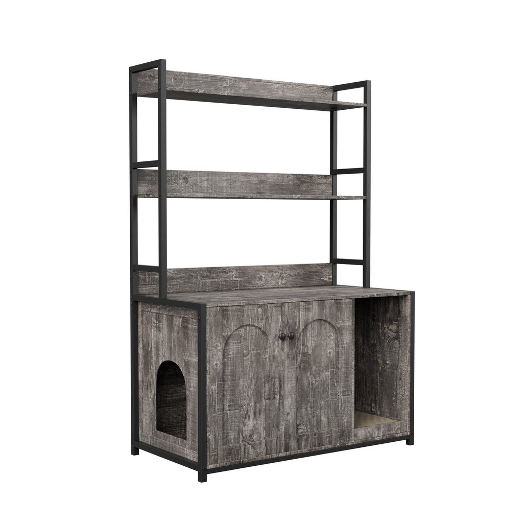 Large Cat Litter Box Enclosure With Shelf Storage, Hidden Cat Washroom Furniture, Wooden Cat House With Scratch Pad, Sturdy Indoor Cat Cabinet With 2 Doors(Grey)