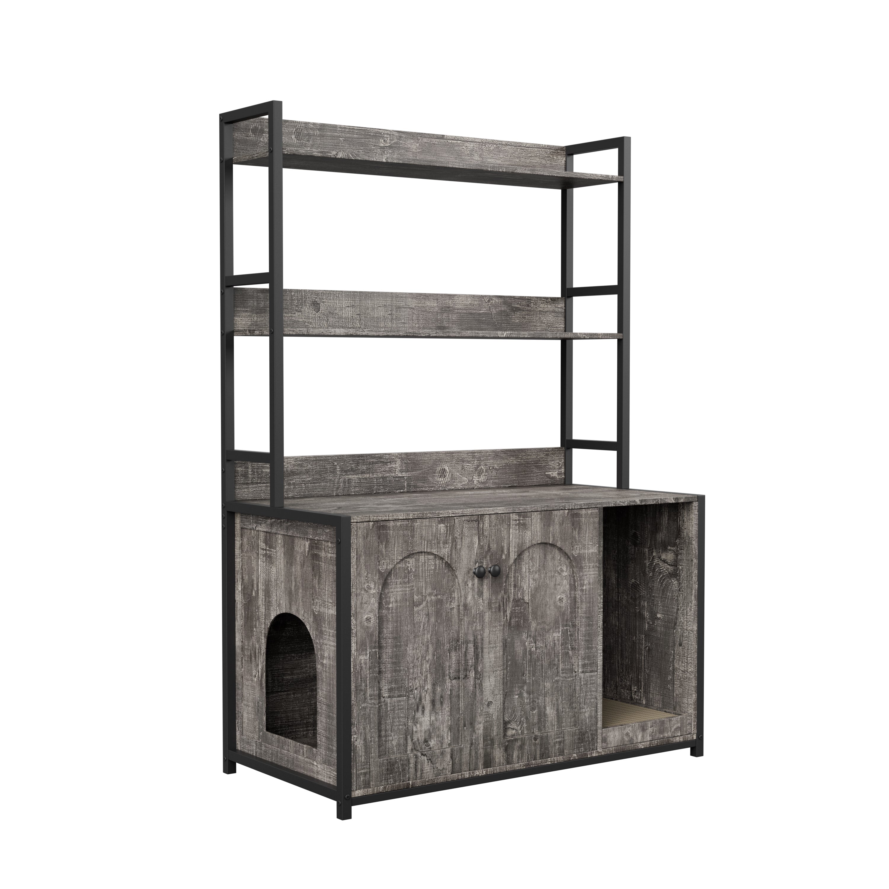 Large Cat Litter Box Enclosure With Shelf Storage, Hidden Cat Washroom Furniture, Wooden Cat House With Scratch Pad, Sturdy Indoor Cat Cabinet With 2 Doors(Grey)