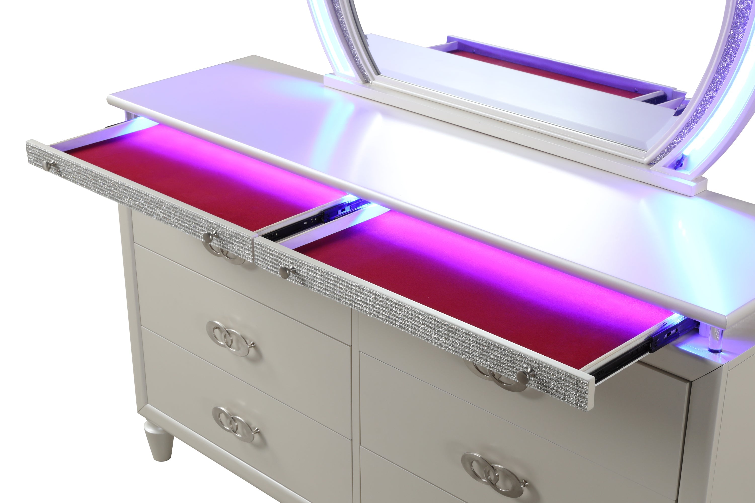 Queen 5 Pc LED Bedroom Set Made with Wood in Milky White