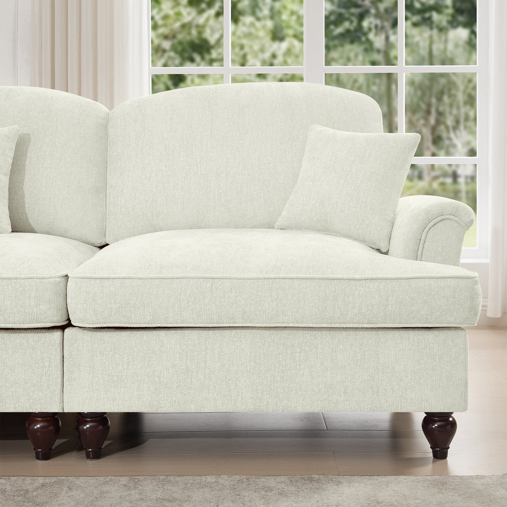 Classic Three Seater Modular L Shaped Sectional Couch with Flared Arms and Removable Ruffles Pleats Skirts and Spindle Legs, Comfy Chenille Four-Seat Deep Seat Sofa with Movable Ottoman, Beige White