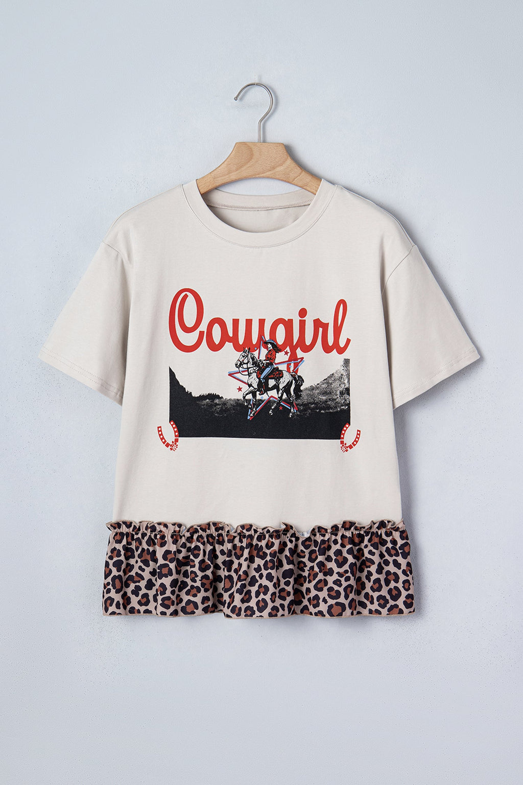 Western Cowgirl Leopard Patchwork Ruffle Hem T-Shirt