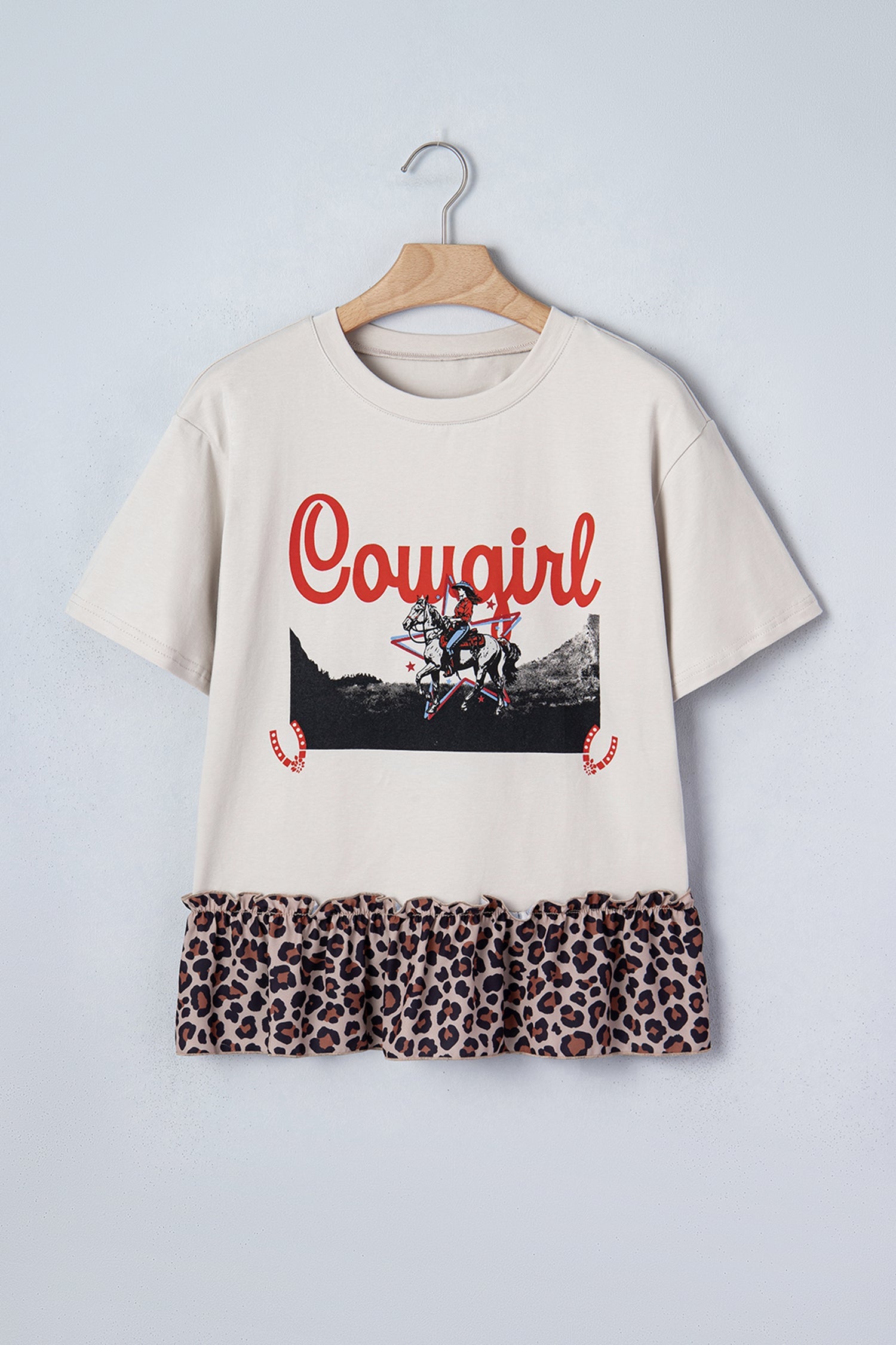 Western Cowgirl Leopard Patchwork Ruffle Hem T-Shirt
