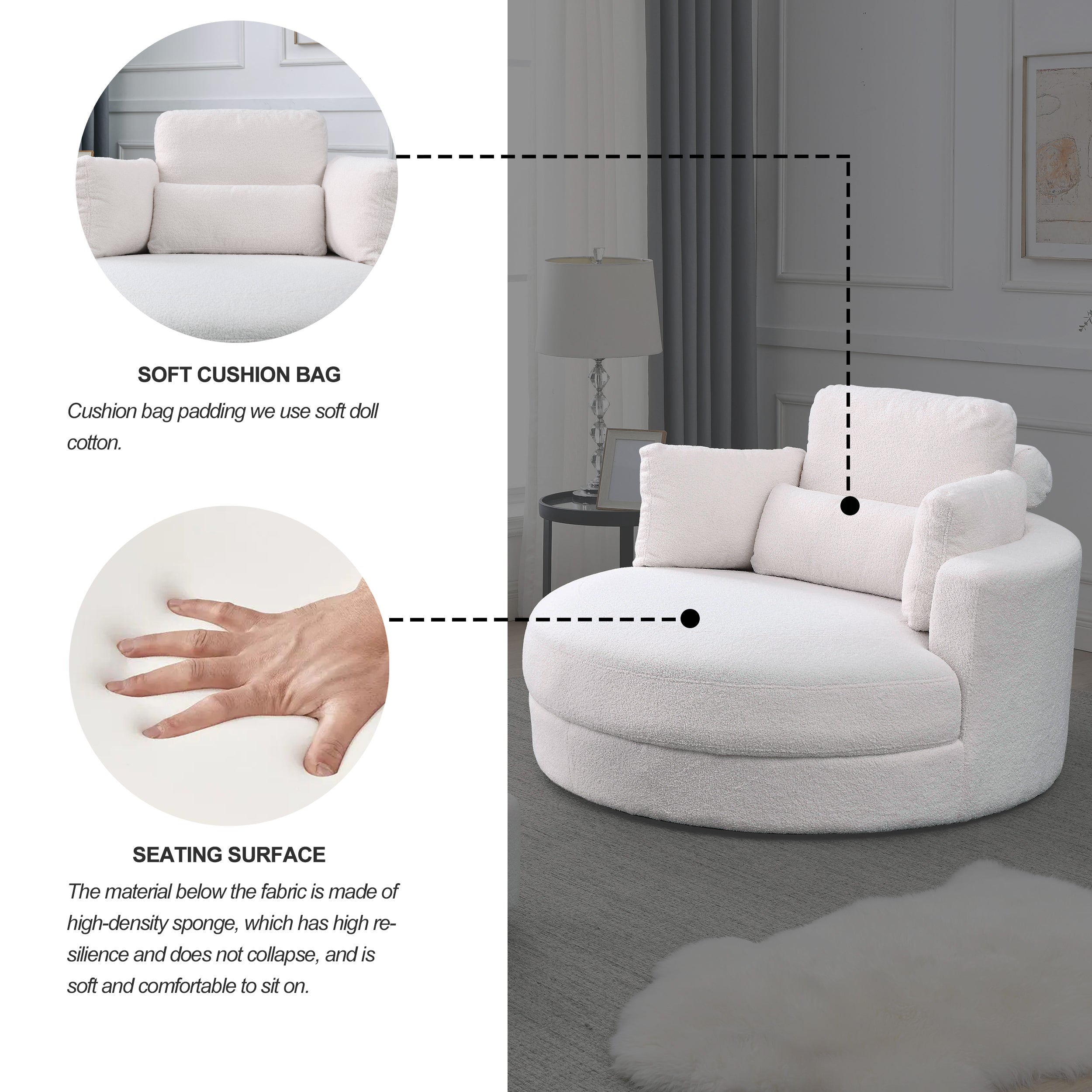 [Video] Welike Swivel Accent Barrel Modern Sofa Lounge Club Big Round Chair with Storage Ottoman TEDDY Fabric for Living Room Hotel with Pillows. *2PCS,Teddy White (Ivory)